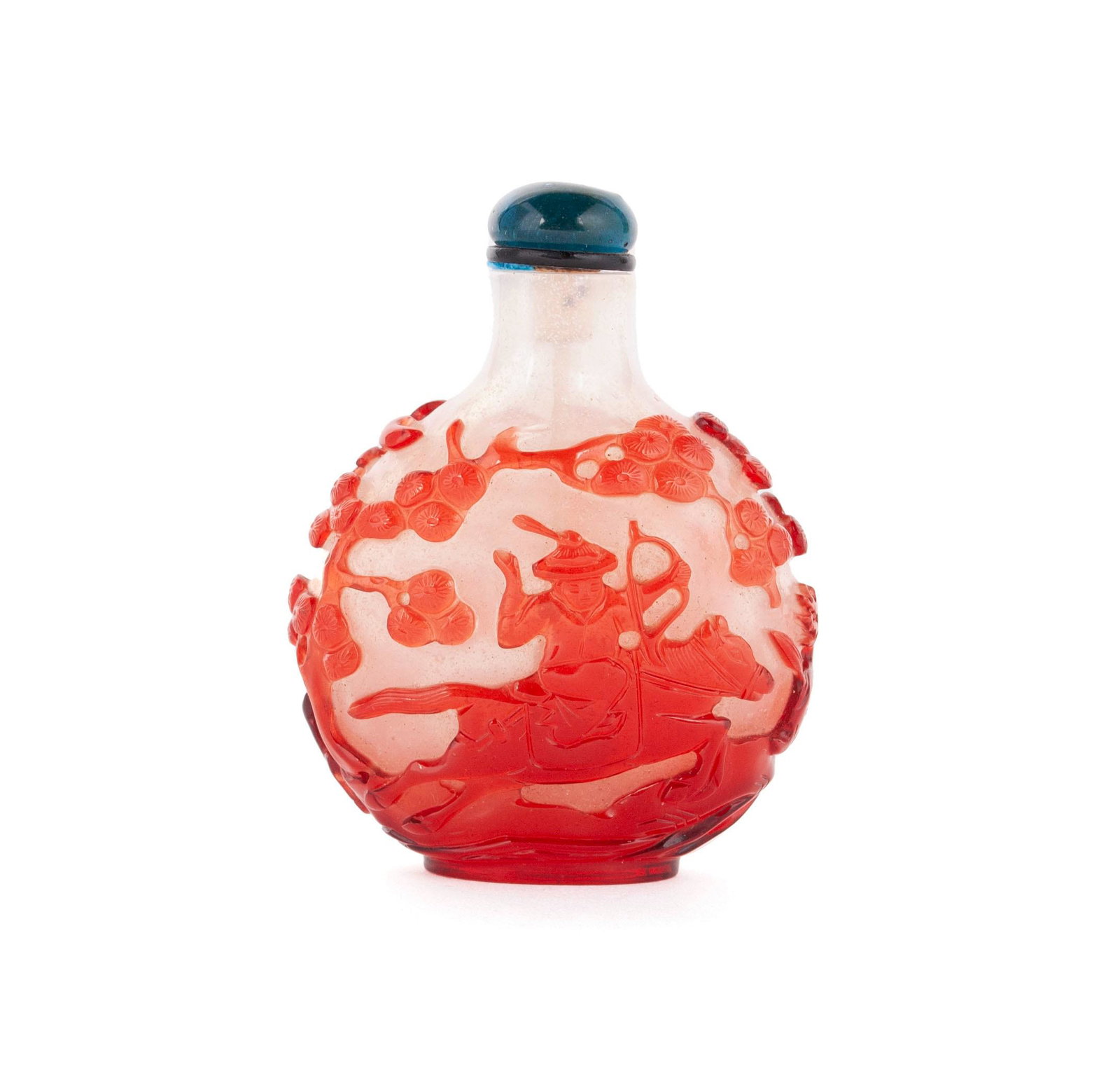 A RED OVERLAY ARCHER ON HORSEBACK SNUFF BOTTLE: A RED OVERLAY ARCHER ON HORSEBACK SNUFF BOTTLE Chinese, 19th-early 20th century. The transparent snowstorm vessel in rounded and flattened form, overlaid in red carved depiction of archer on horseback