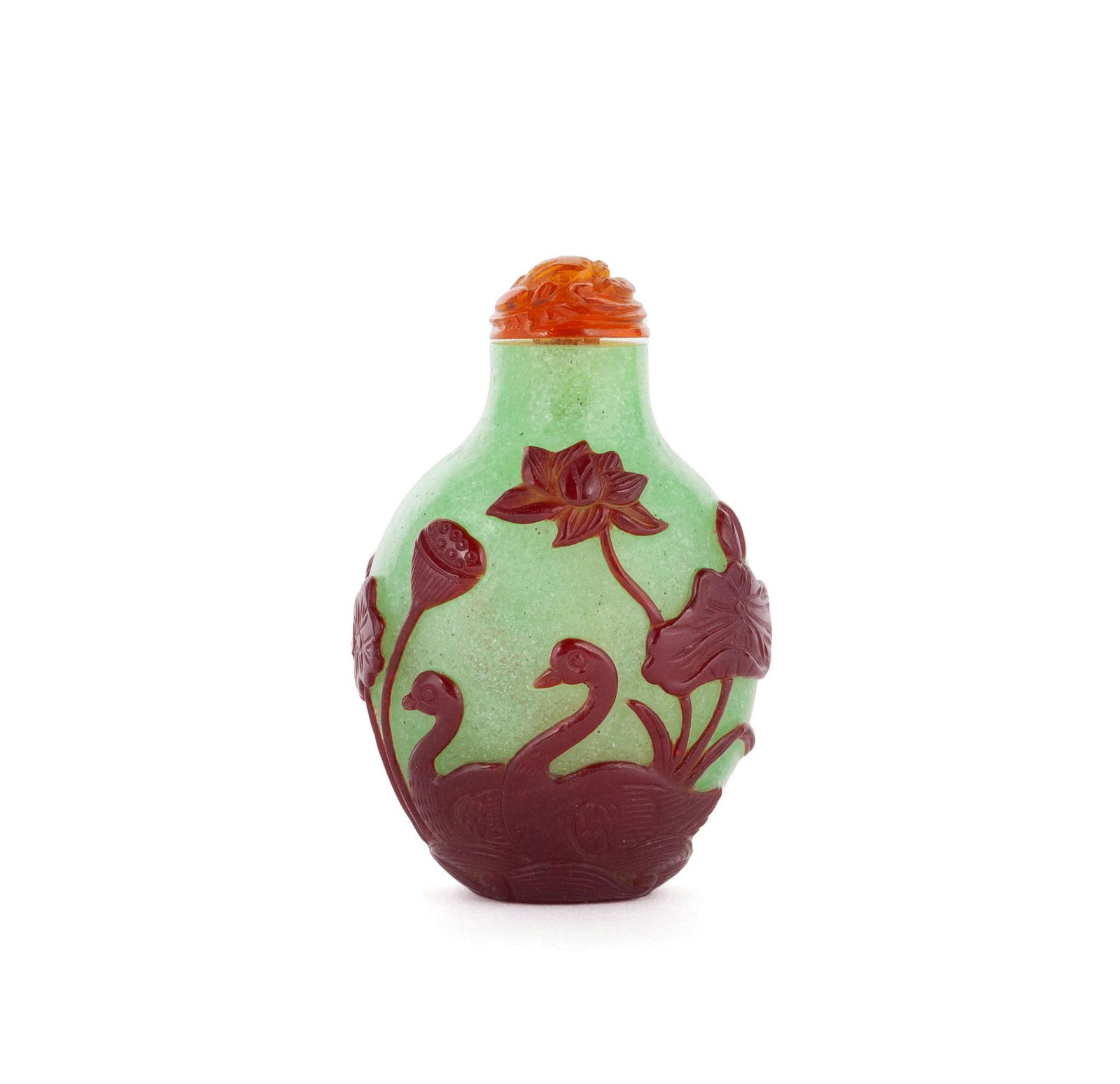 A SWAN AND KOI GREEN SNOWSTORM GLASS SNUFF BOTTLE (1 of 7)