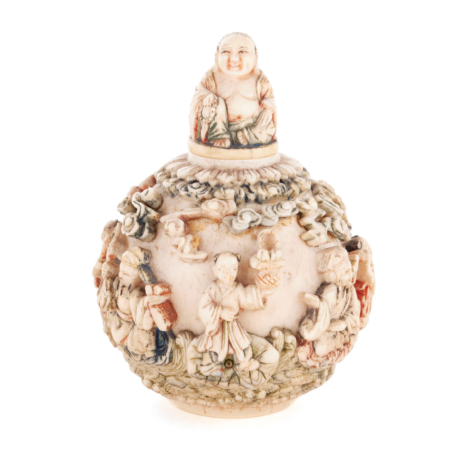 AN EIGHT IMMORTALS RELIEF CARVED SNUFF BOTTLE (1 of 7)
