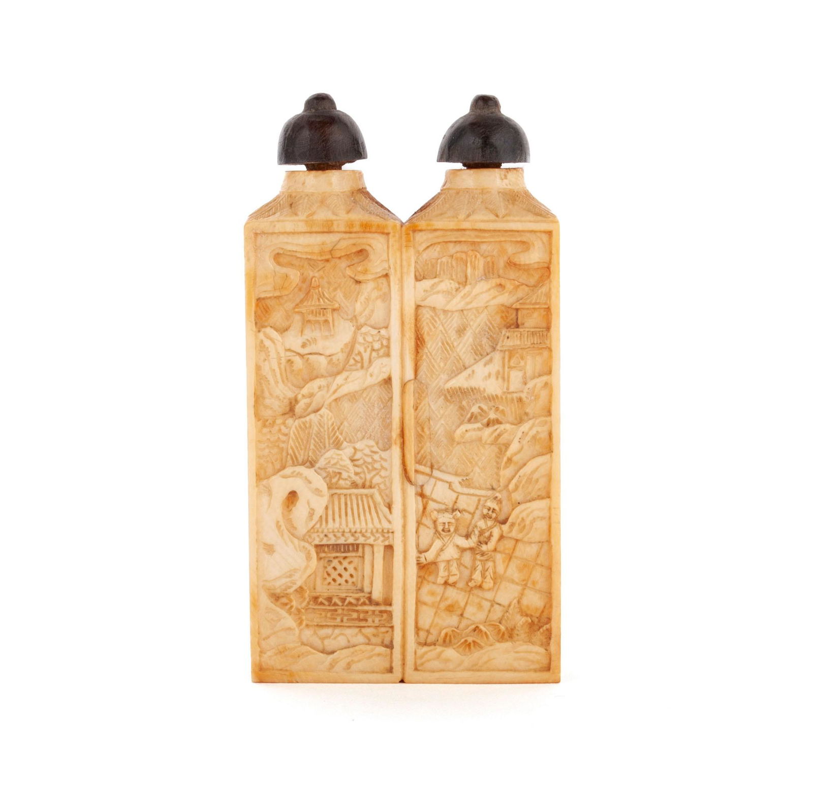 A QING DYNASTY CARVED SEAL STAMP DOUBLE SNUFF BOTTLE (1 of 7)