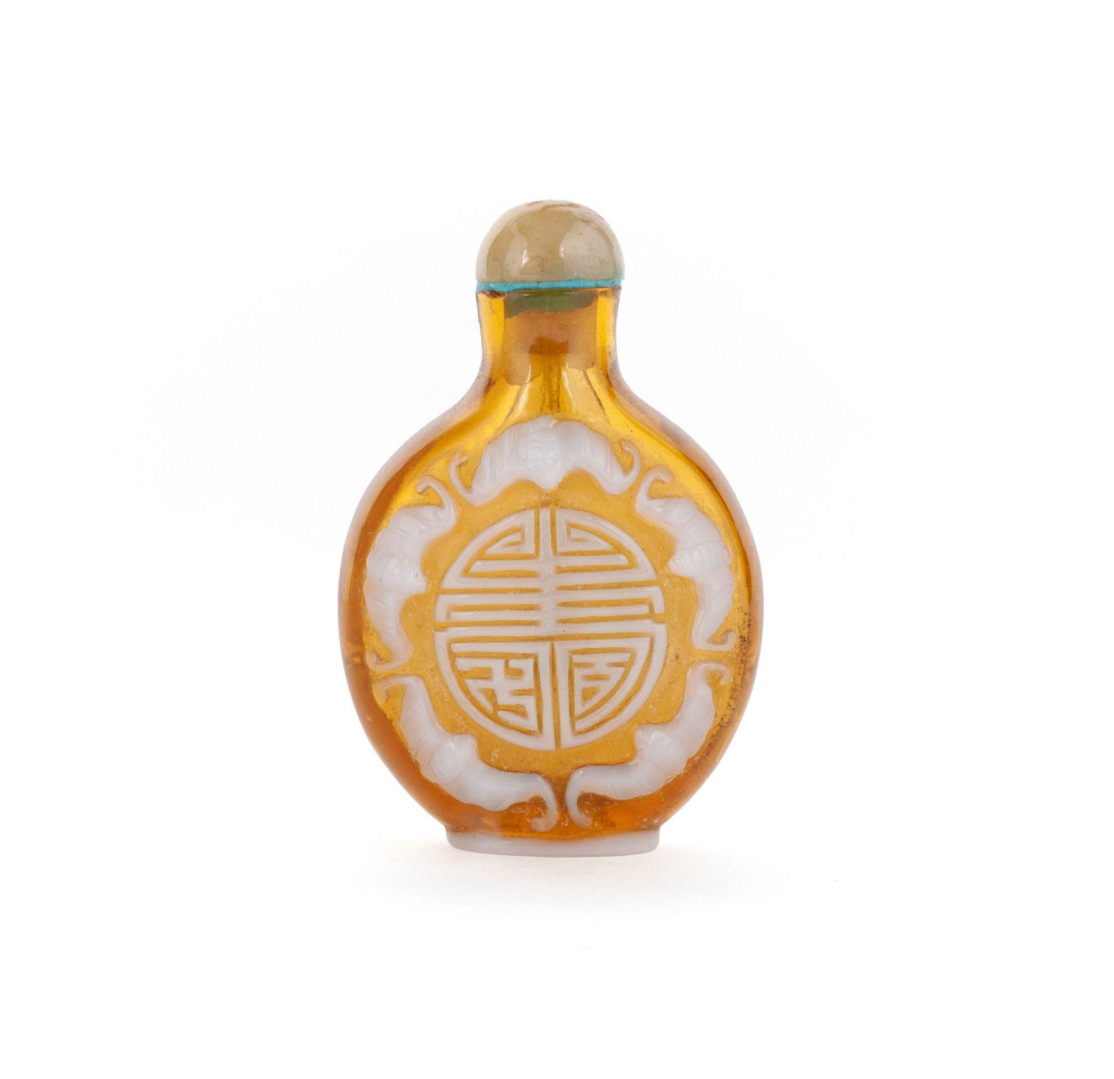 AN EXQUISITE FU LU SHOU WHITE BAT AMBER GLASS SNUFF BOTTLE (1 of 7)