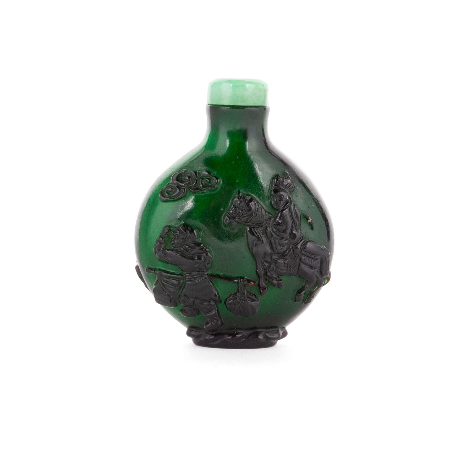 AN EMERALD GLASS RELIEF CARVED AND SIGNED SNUFF BOTTLE (1 of 7)