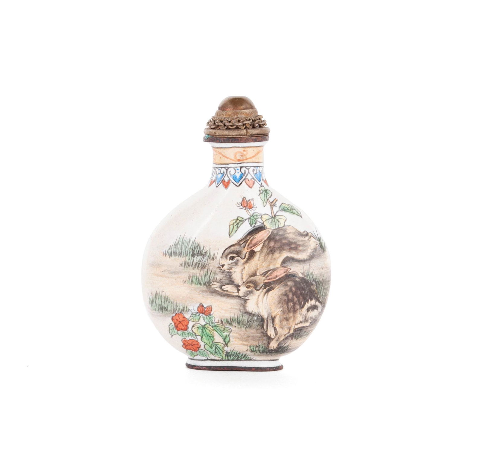 A BEIJING ENAMEL DOUBLE DEER AND HARE SNUFF BOTTLE (1 of 7)