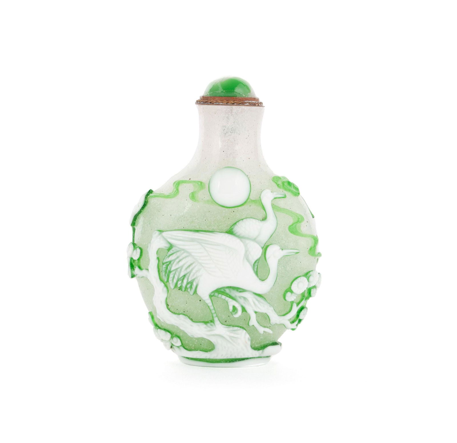 A WHITE AND GREEN OVERLAY CRANES GLASS SNUFF BOTTLE (1 of 7)