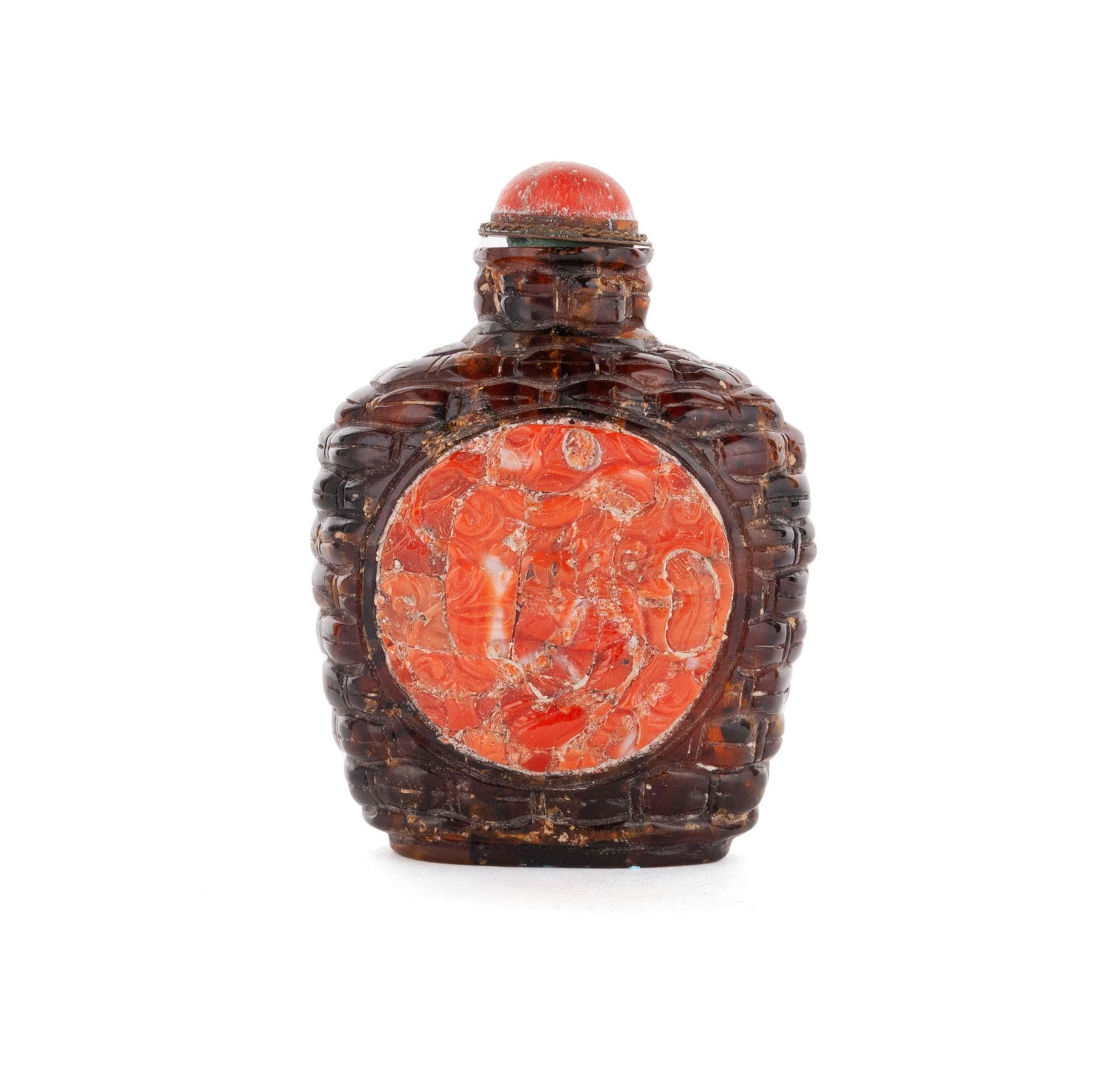 AN DRAGON MEDALLION BASKET WEAVE AMBER SNUFF BOTTLE (1 of 7)
