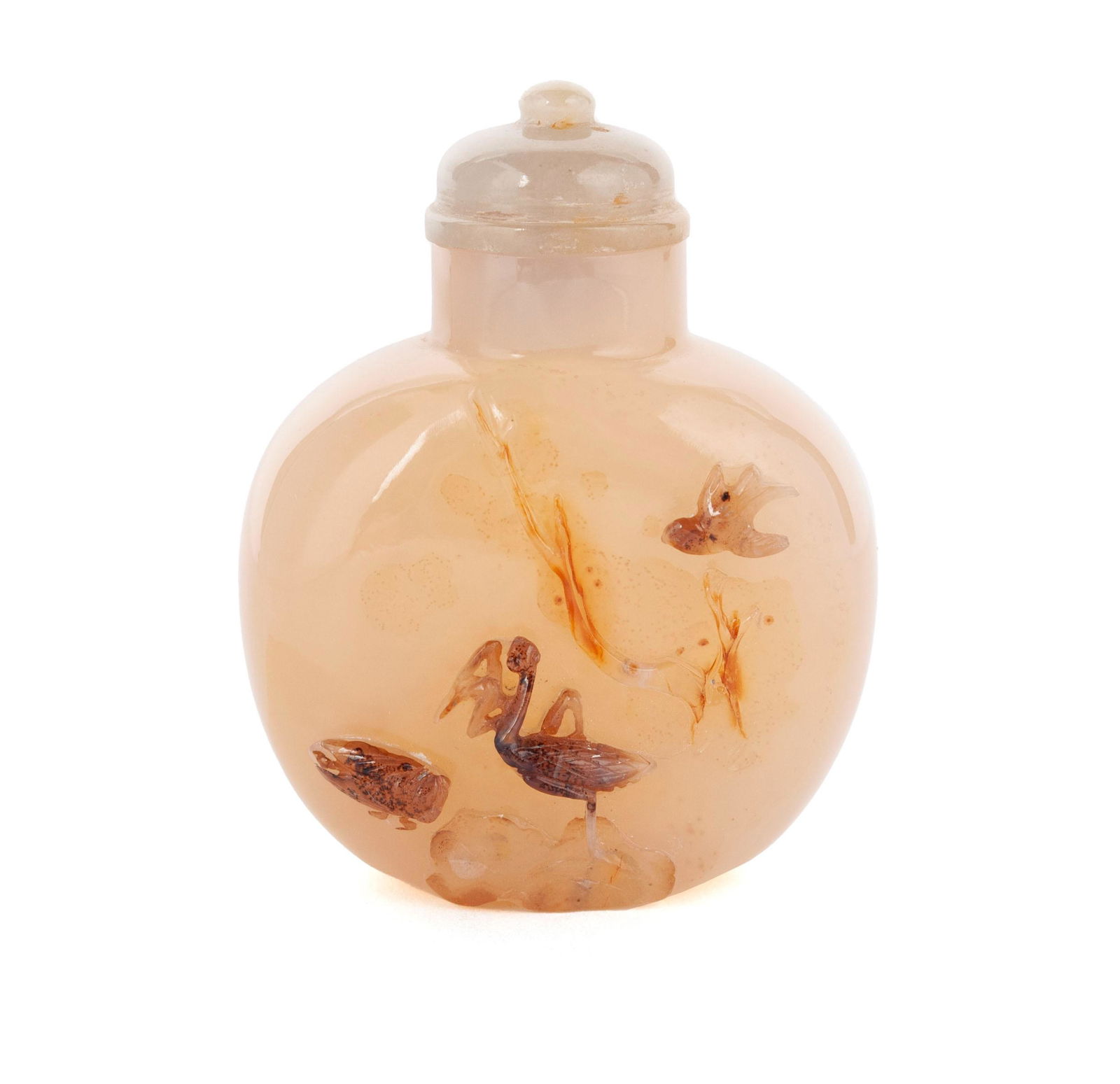 A CICADA AND MANTIS CARVED PALE JADE SNUFF BOTTLE (1 of 7)