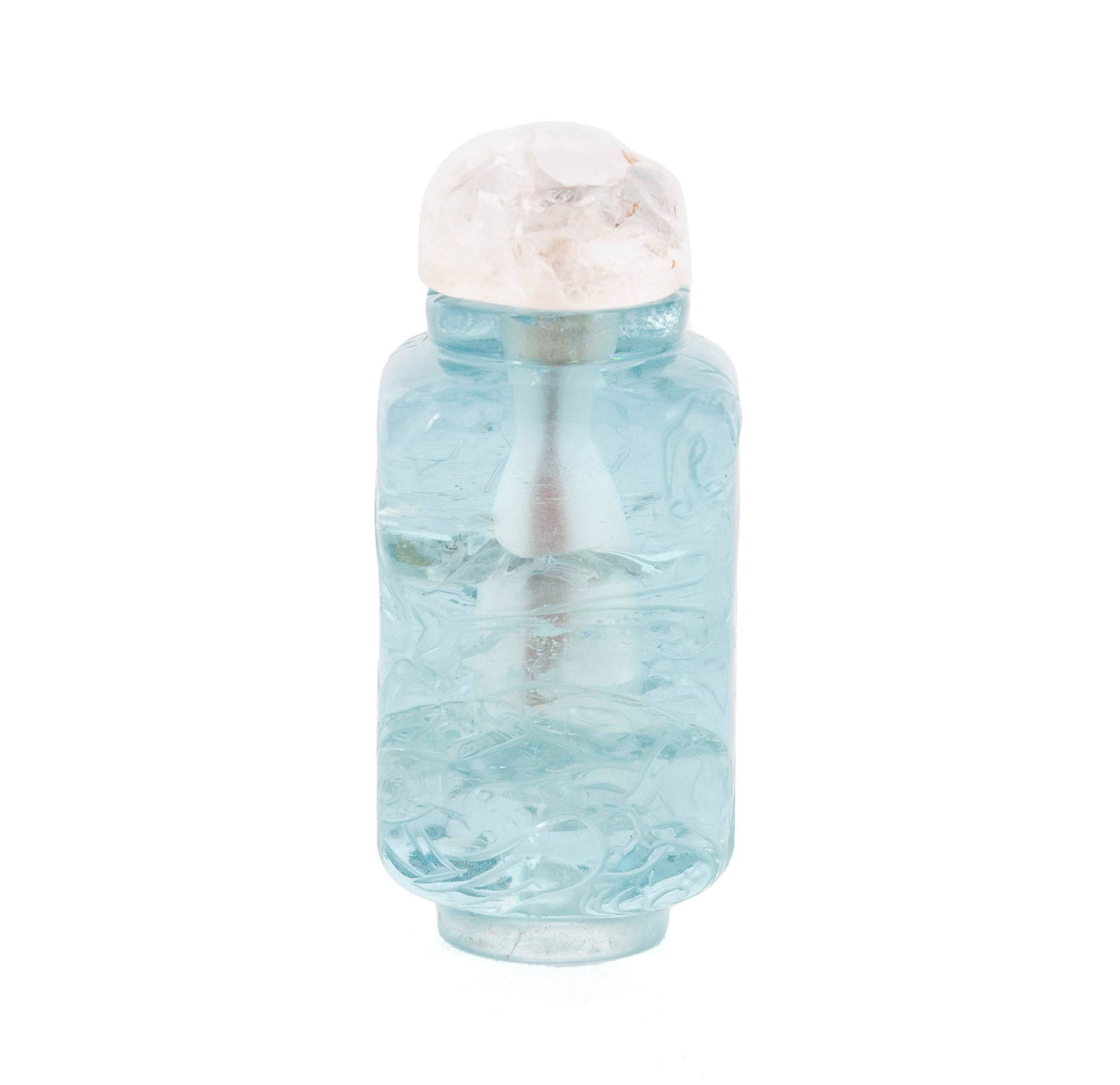 A FINELY CARVED AQUAMARINE WATER DRAGON SNUFF BOTTLE: A FINELY CARVED AQUAMARINE WATER DRAGON SNUFF BOTTLE Chinese, mid-19th to mid-20th century, aquamarine. A straight-sided flask with rounding shoulders in ocean water blue with water dragon carved in s