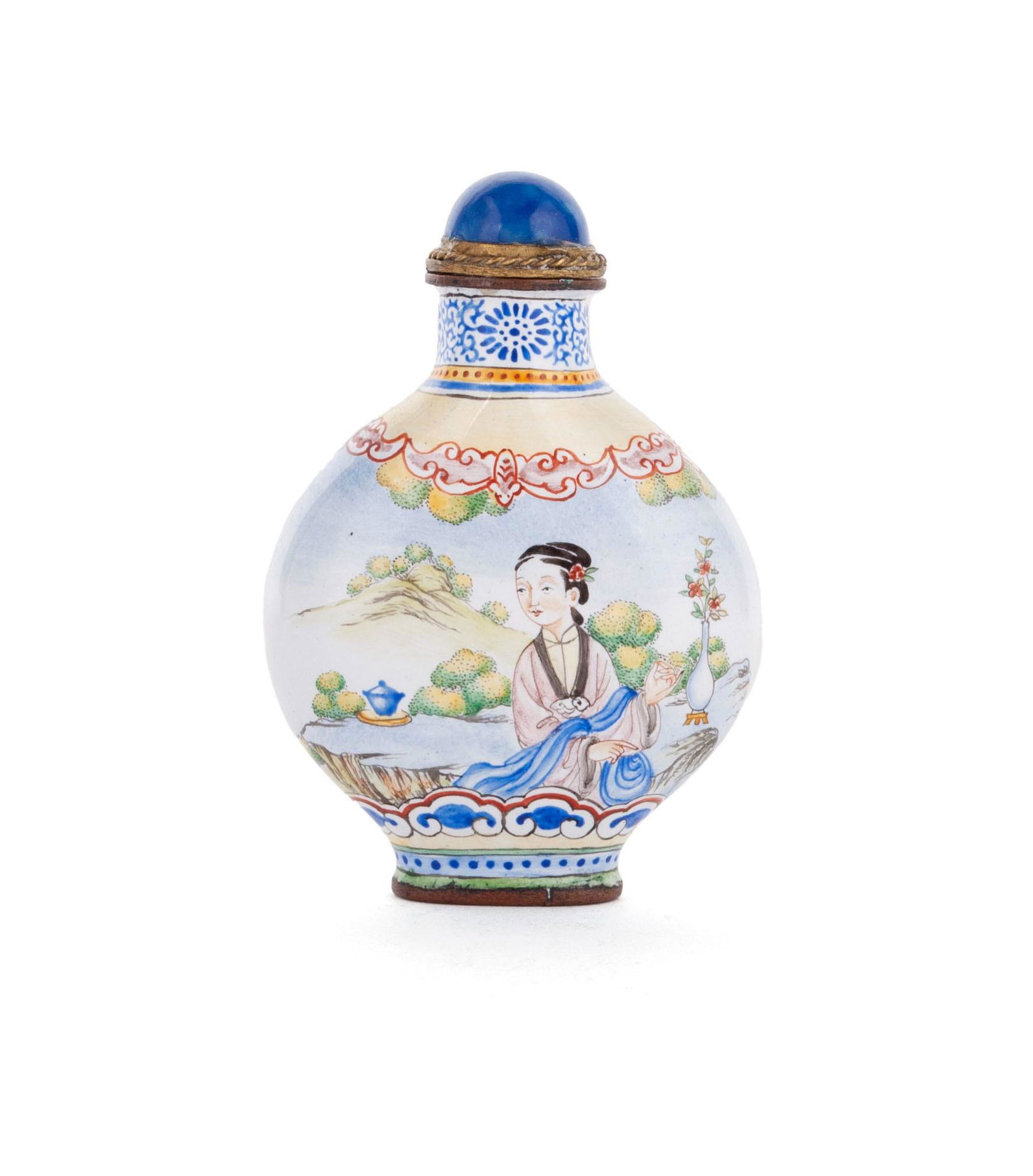 A FINE BEIJING ENAMEL 'FIGURES IN LANDSCAPE' SNUFF BOTTLE (1 of 7)
