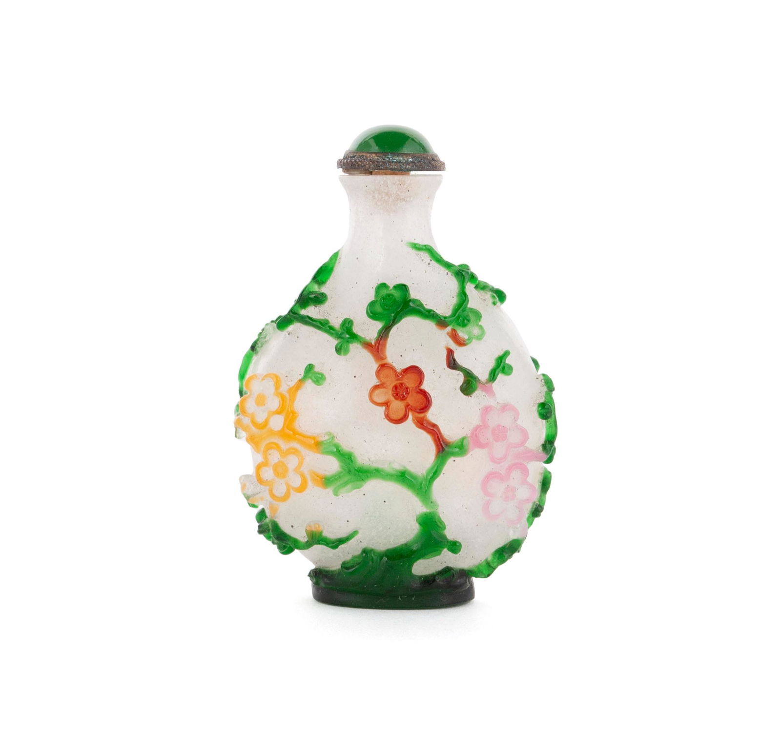 A FOUR-COLOR GLASS OVERLAY PEACH BLOSSOM SNUFF BOTTLE (1 of 7)