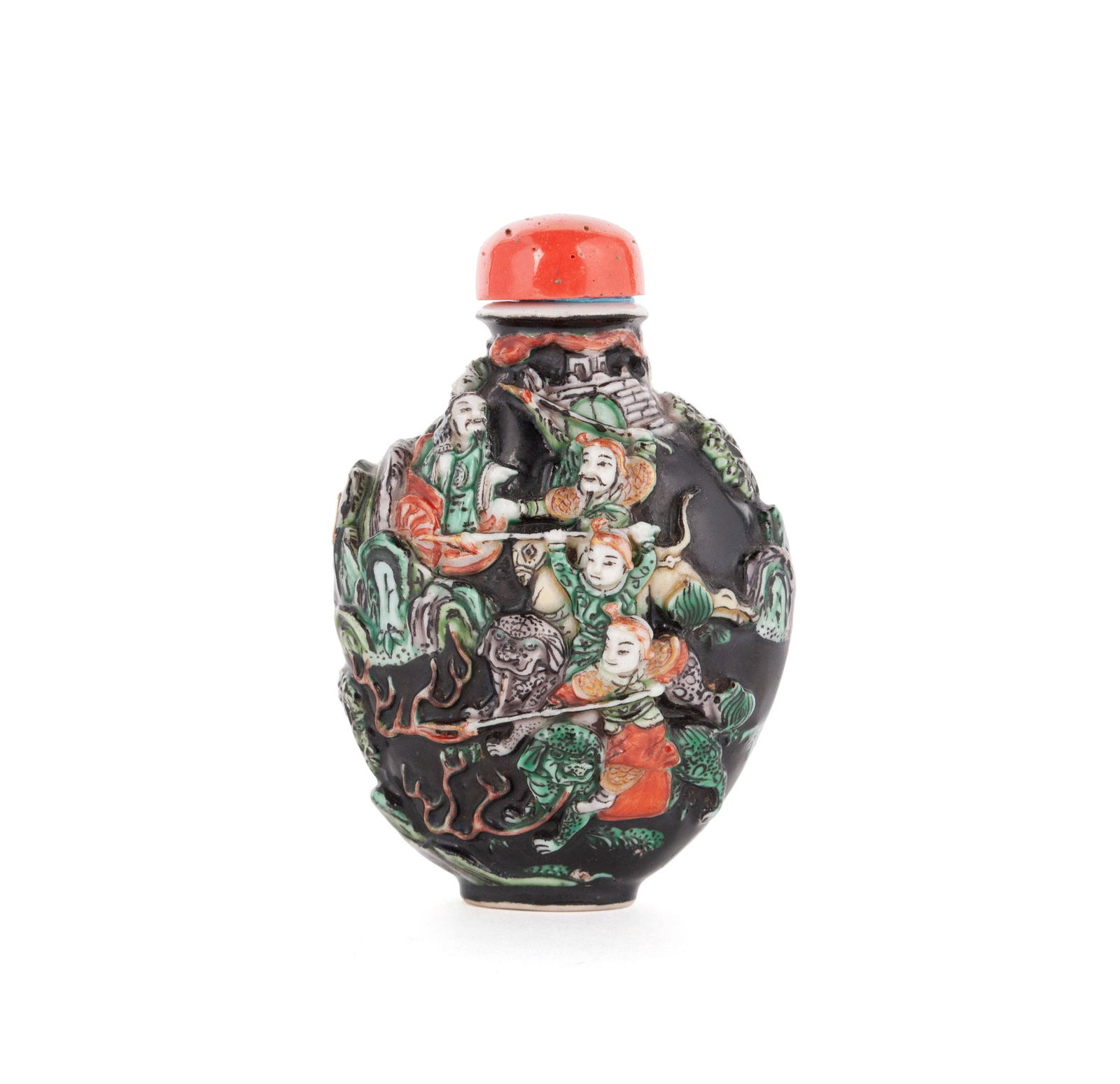 A KANGXI MARK FAMILLE NOIR RELIEF SNUFF BOTTLE (1 of 8)