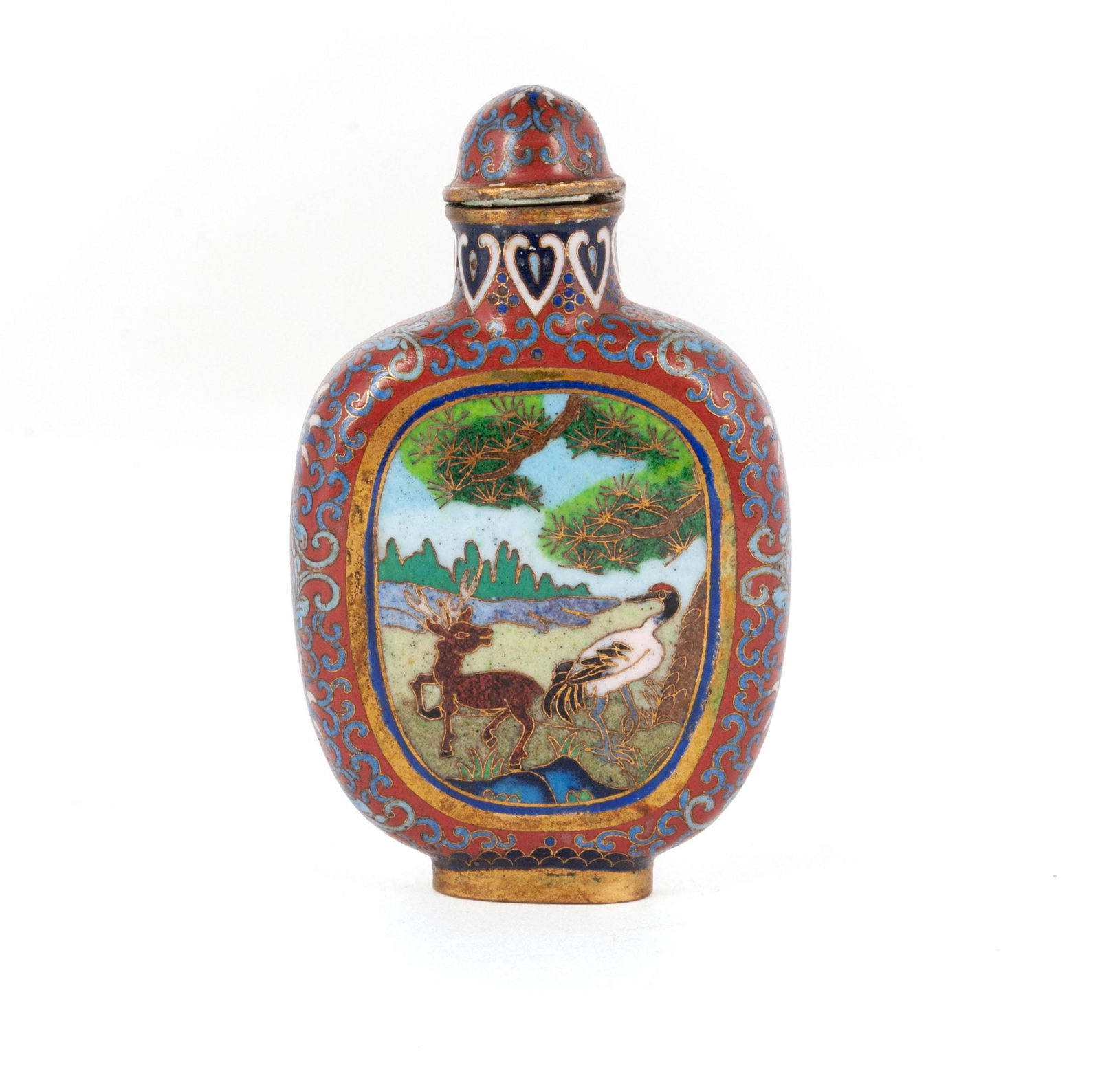 A DEER AND CRANE CLOISONNE SNUFF BOTTLE (1 of 7)