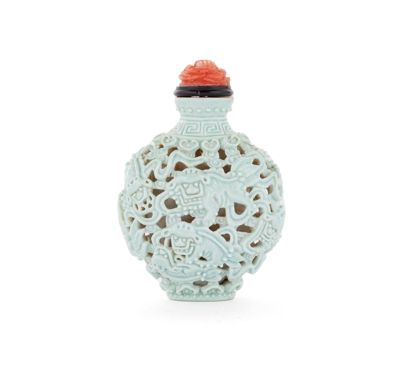 A GUANGXU CELADON GLAZE BUDDHIST LION SNUFF BOTTLE (1 of 7)