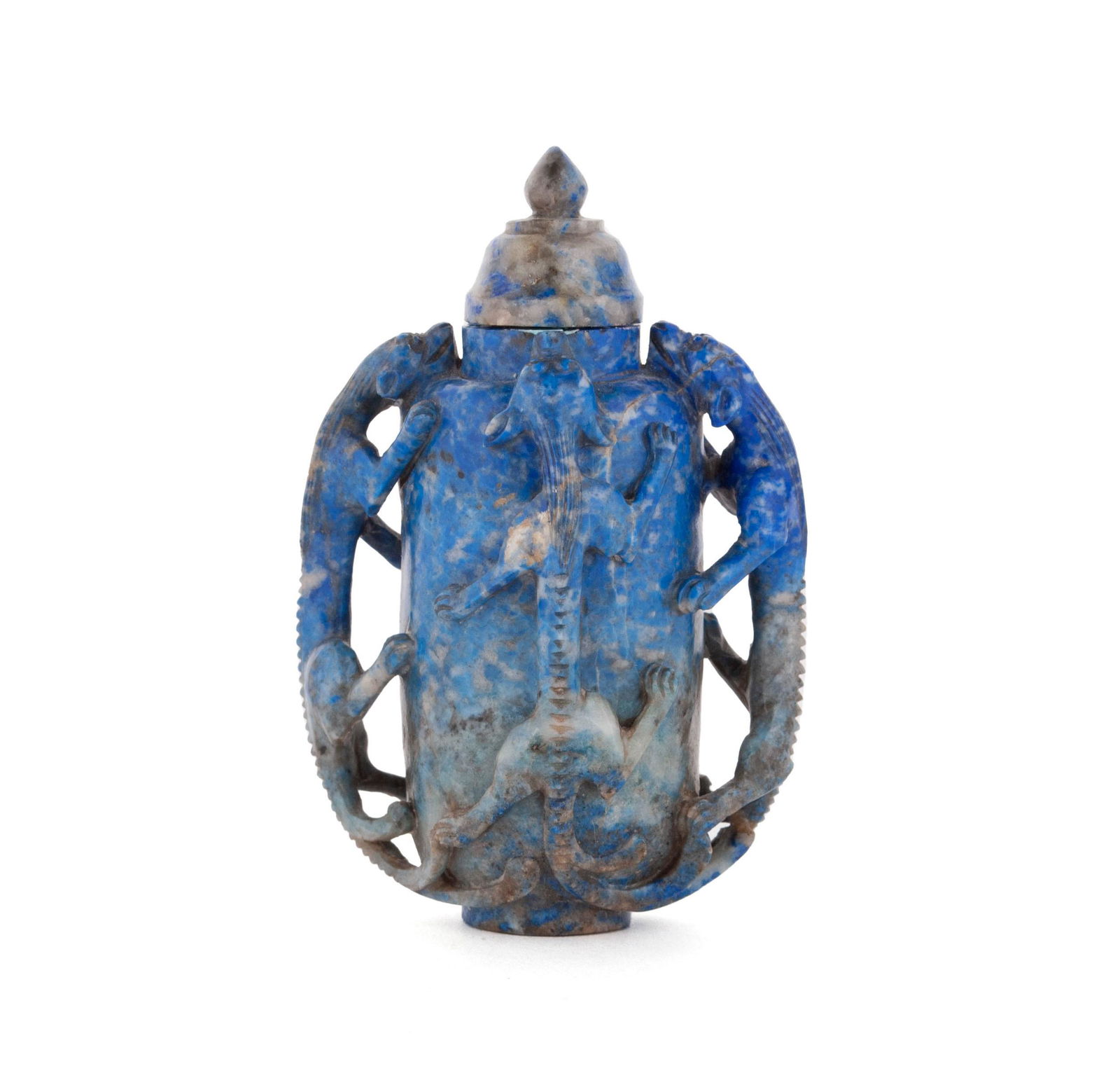 A RARE CHILONG DRAGON HANDLED LAPIS LAZULI SNUFF BOTTLE (1 of 7)