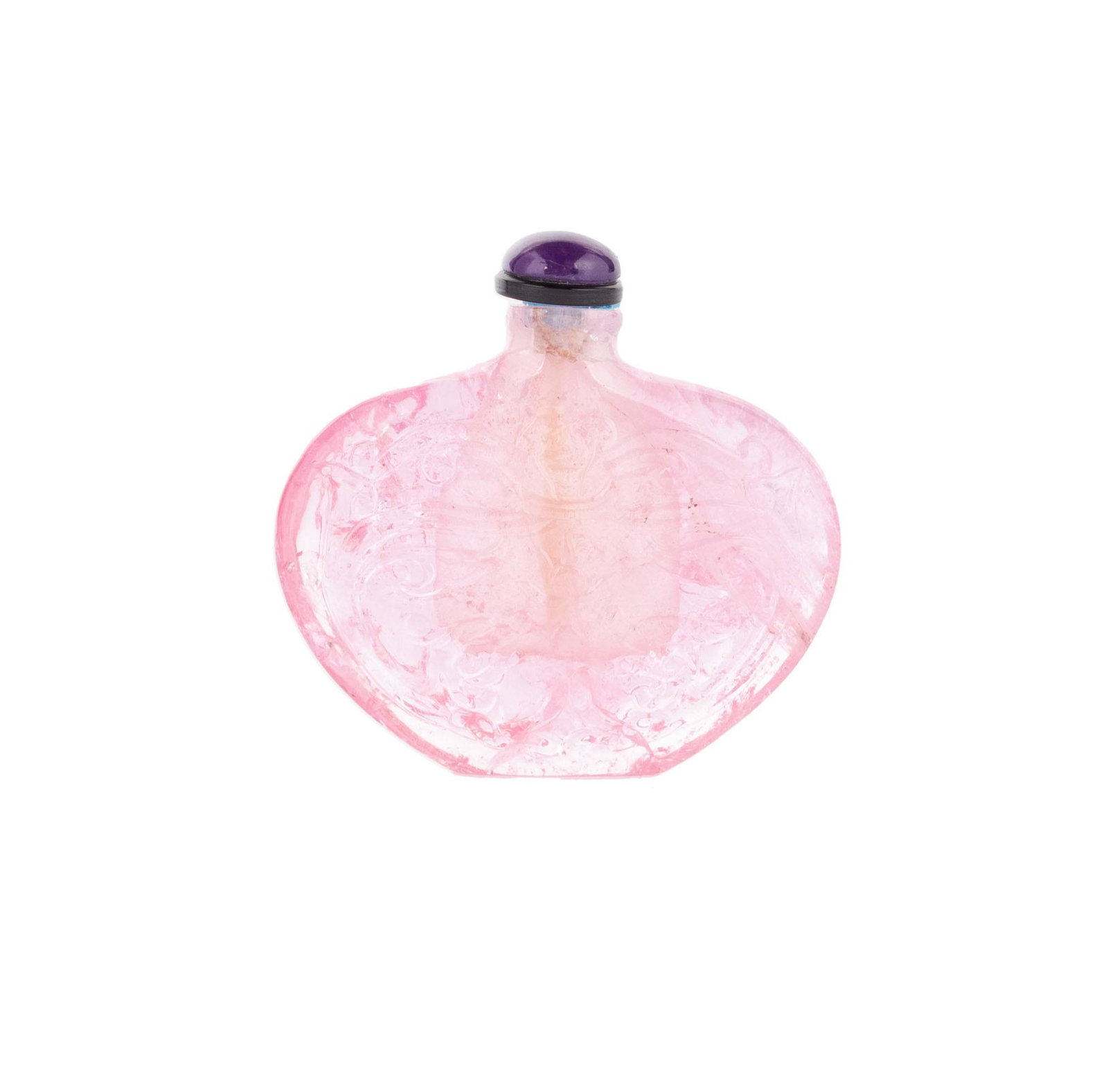 A PURSE FORM CARVED TOURMALINE SNUFF BOTTLE: A PURSE FORM CARVED TOURMALINE SNUFF BOTTLE Chinese, early to mid-20th century. Relief carved lotus form, the body conforming to slim and even balanced foot. Amethyst stopper, vinyl collar. Bottle: 1 