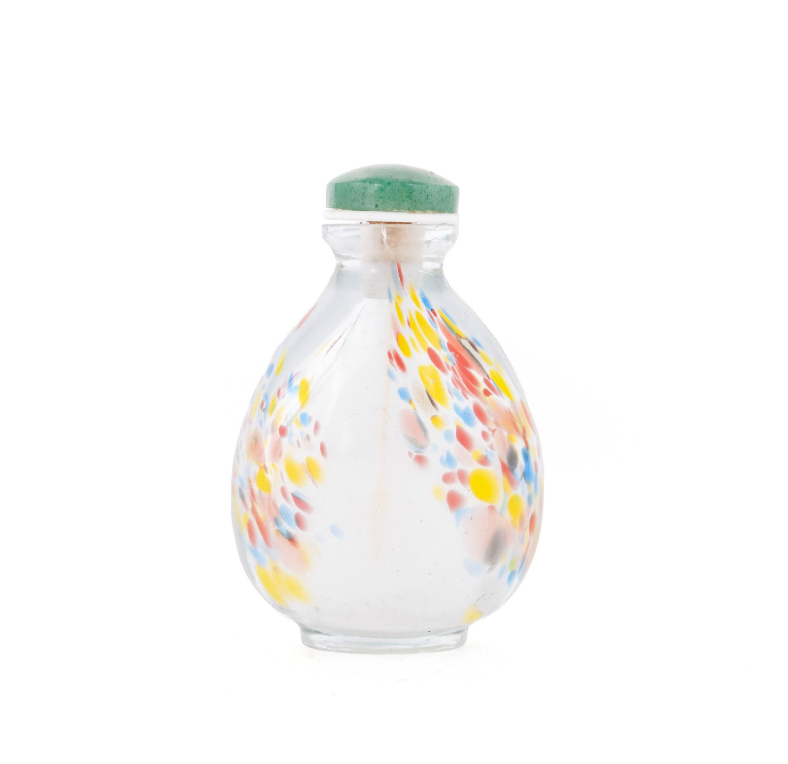 AN UNUSUAL SPLASH SANDWICH GLASS SNUFF BOTTLE: AN UNUSUAL SPLASH SANDWICH GLASS SNUFF BOTTLE Chinese, 19th-early 20th century, glass. A bulbous, ovoid bottle having a multiple primary color splash to walls, recessed ovular foot rim; jadeite stoppe