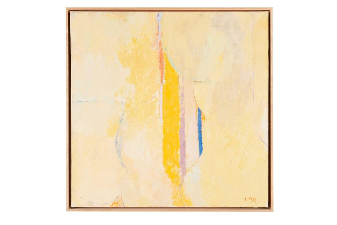 ARTHUR OSVER (AMERICAN, 1912-2006): Arthur OsverAmerican (Missouri), 1912-2006UntitledOil on canvasSigned lower right. Non-objective, pastel-toned scene with striations of salmon, lavender, and cobalt. Wooden frame, extensive notes visi