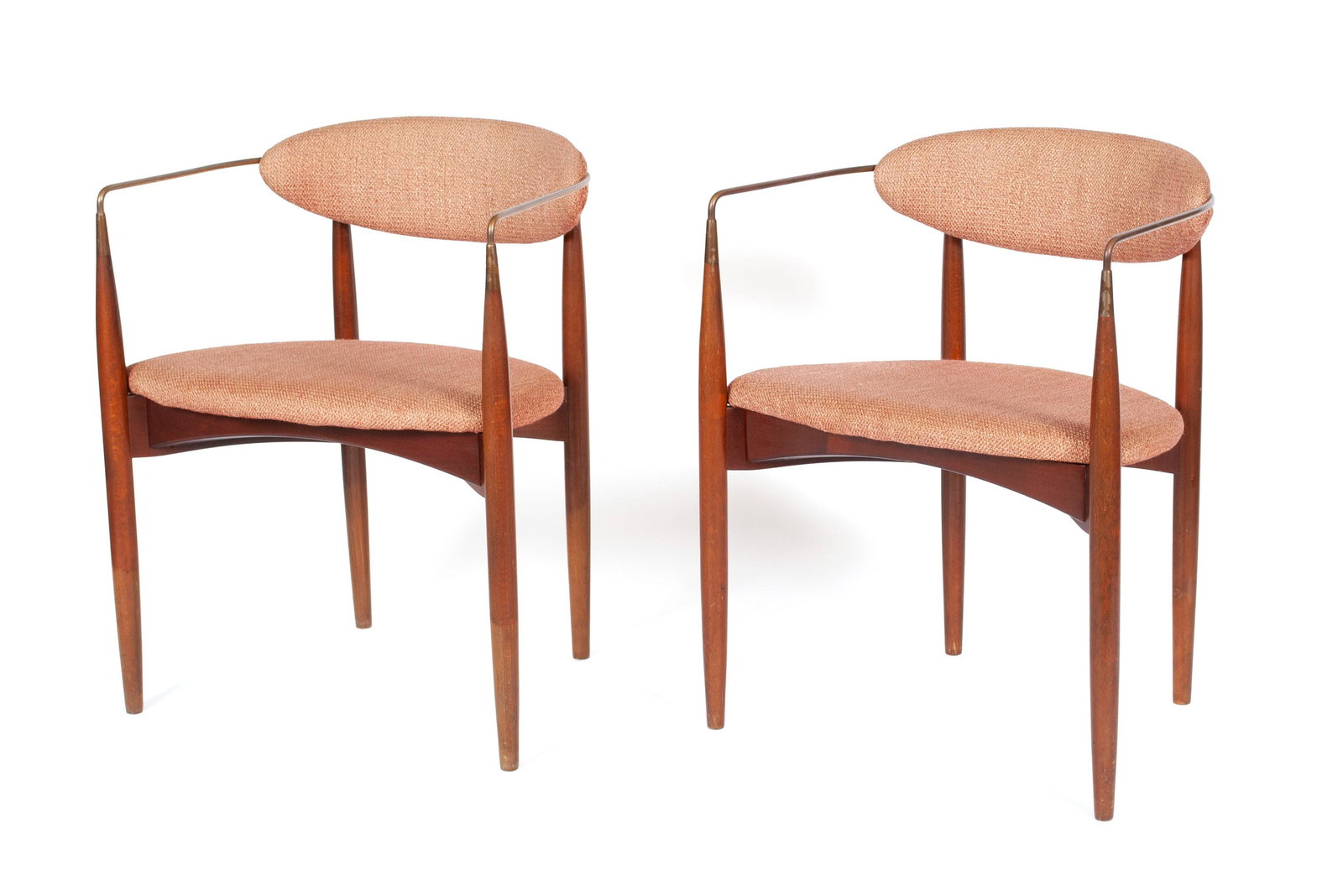 PAIR OF MCM DAN JOHNSON CHAIRS FOR SELIG: PAIR OF MCM DAN JOHNSON CHAIRS FOR SELIGAmerican, mid-20th century. "Viscount" style chairs with tweed upholstery on wood frames featuring brass arms. Original Selig USA label to underside.2