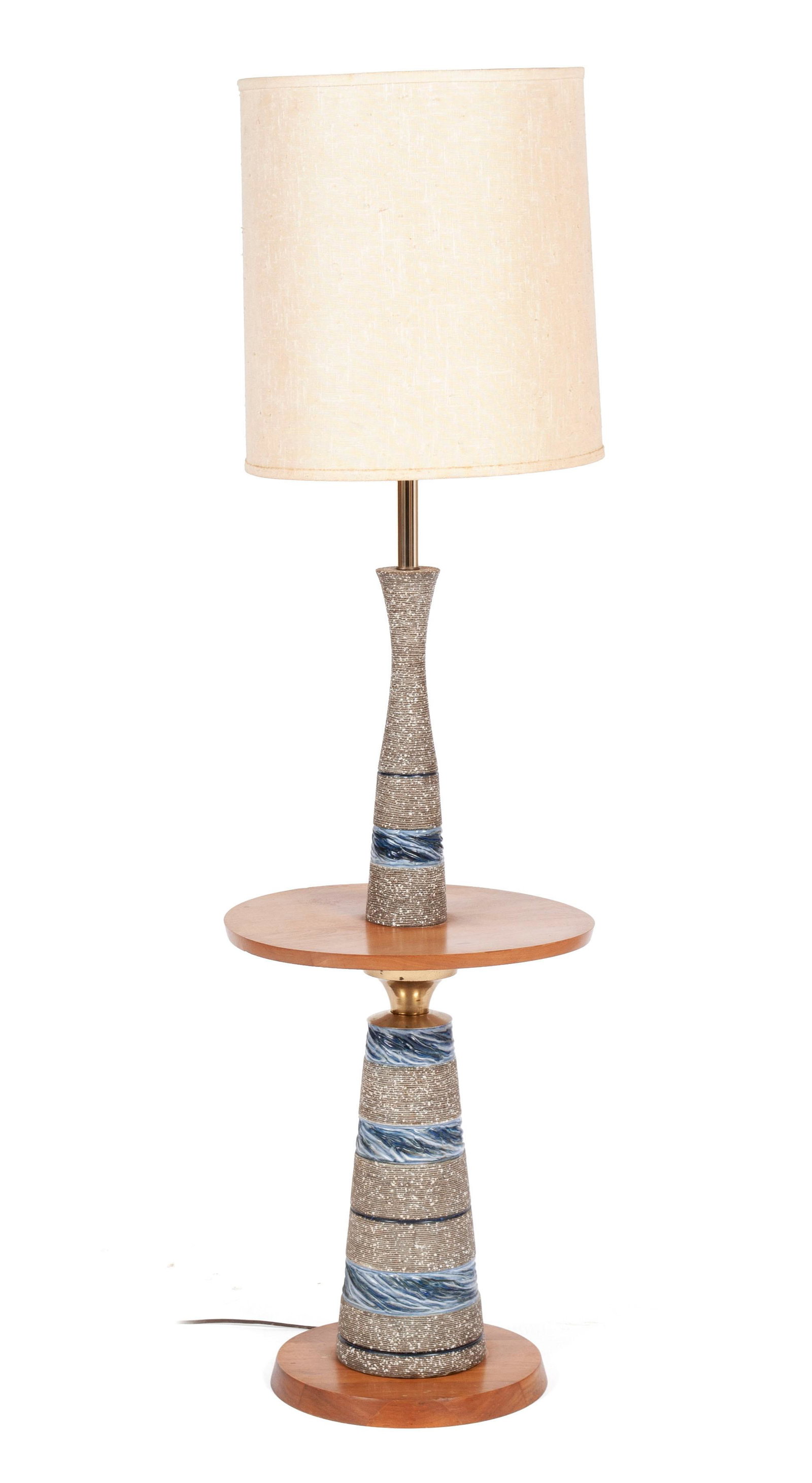 CERAMIC FLOOR LAMP IN THE MANNER OF GORDON & JANE MARTZ: CERAMIC FLOOR LAMP IN THE MANNER OF GORDON & JANE MARTZWooden base and tabletop separated by tapering, colorful vasiform ceramic standards with turned highlights.60 in. (152.40 cm.)