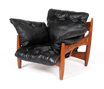 SERGIO RODRIGUEZ "SHERIFF" CHAIR: SERGIO RODRIGUEZ "SHERIFF" CHAIRItalian, circa 1957, by ISA. Original black leather cushions and leather straps to the wooden frame, with original metal "Sheriff" label to the back support.Frame: 28 1