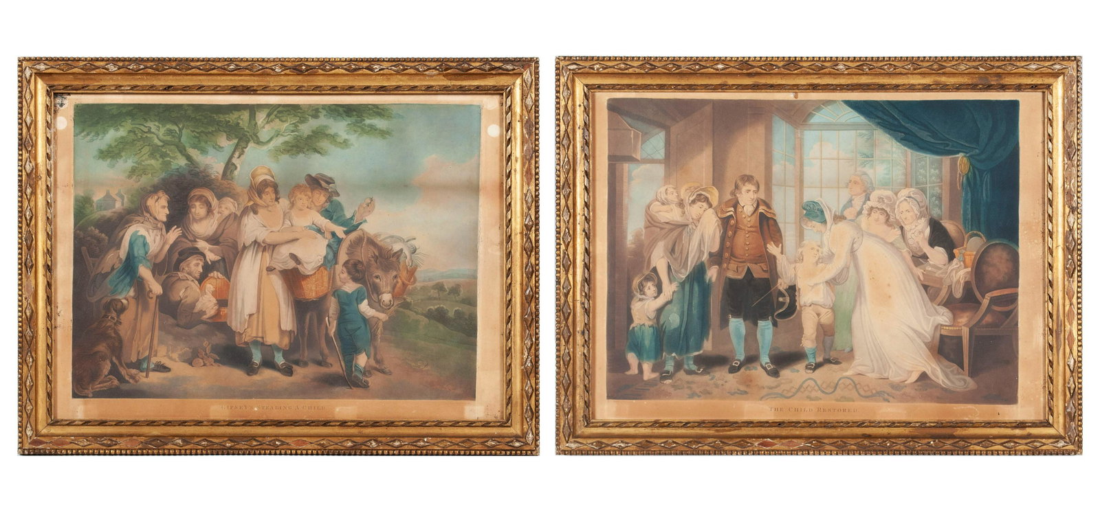 AFTER HENRY SINGLETON (BRITISH, 1766-1839): AFTER HENRY SINGLETON (BRITISH, 1766-1839)Gipsy’s Stealing a Child & The Child RestoredEnglish, early 19th century. Companion aquatint engravings, originally painted by H. Singleton and engraved by