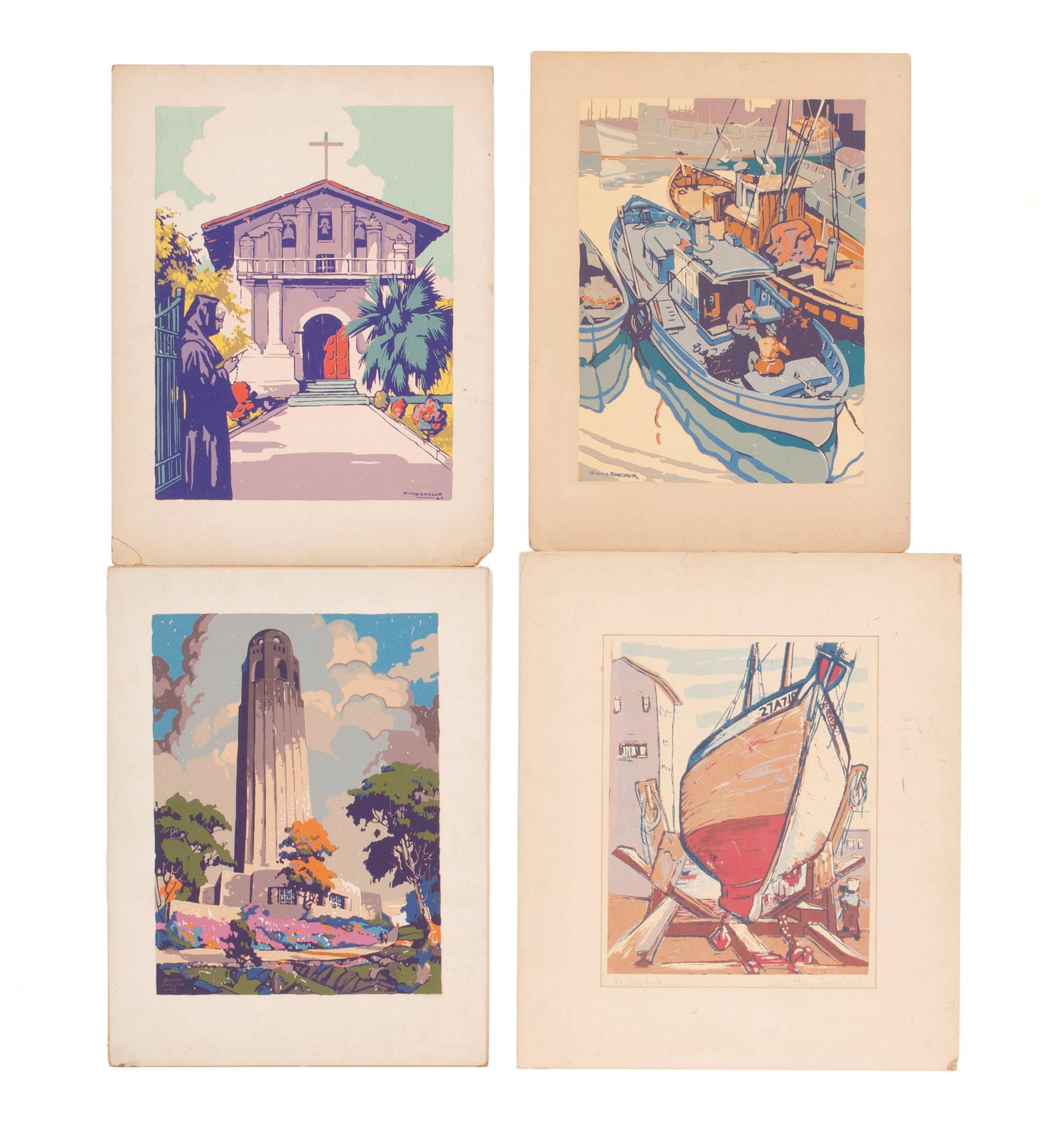 FOUR WORKS BY IRVING SINCLAIR AND HELEN FOWLER: FOUR WORKS BY IRVING SINCLAIR AND HELEN FOWLERThree colorful silkscreen images on artist board by Irving Sinclair: architectural image of Coit Tower, San Francisco dated '39, a monk in front of a mona