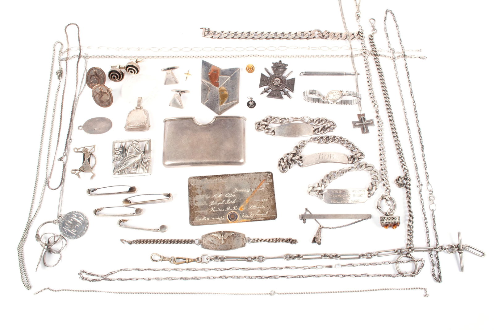 LARGE COLLECTION OF SILVER JEWELRY AND ACESSORIES: LARGE COLLECTION OF SILVER JEWELRY AND ACESSORIES Vast collection including an Omega ladies' wristwatch, a brooch with comedy and tragedy masks, hand-inscribed "Opera Theatre, 1986", four pi