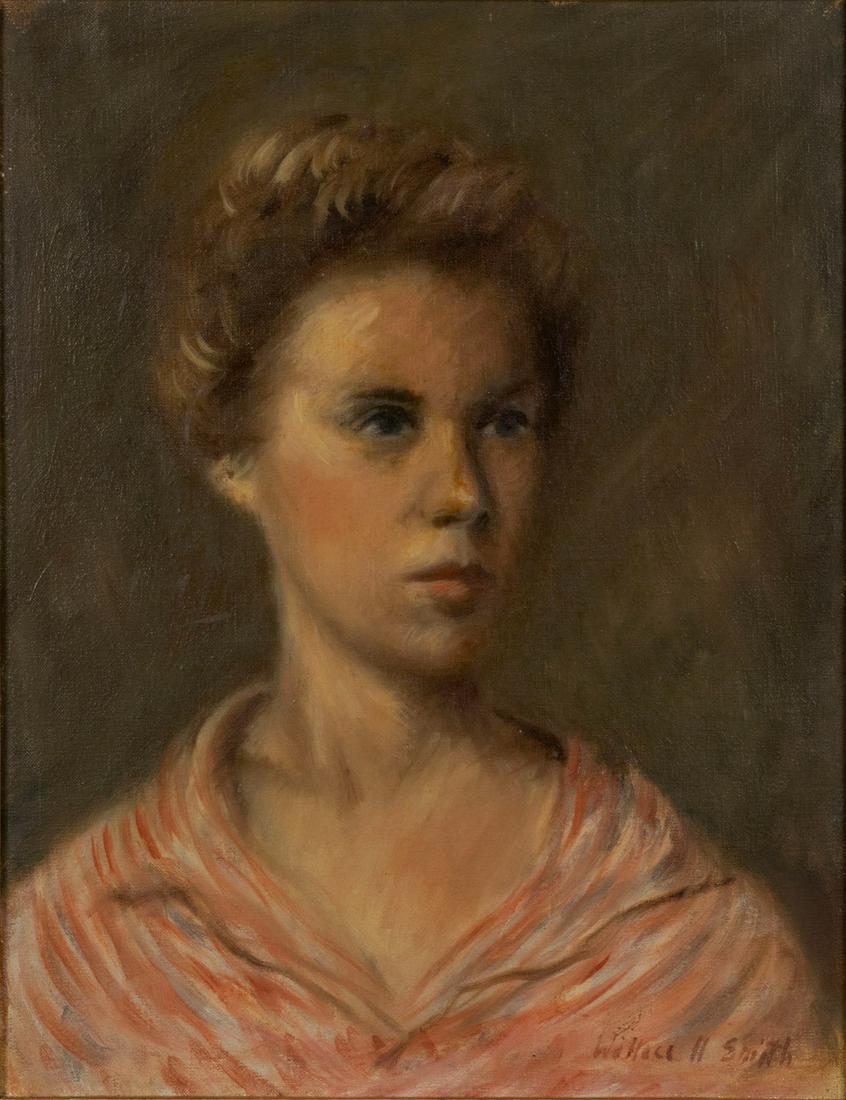 WALLACE HERNDON SMITH (AMERICAN (MISSOURI), 1901-1990): Wallace Herndon Smith American (Missouri), 1901-1990 Portrait of a Young Woman Oil on canvas Signed lower right. Bust portrait of a blonde lady in pink, painted wooden frame. Stretcher: 17 x 14 in. (4