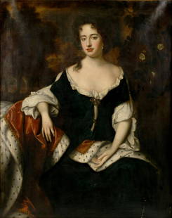 PORTRAIT OF A YOUNG QUEEN ANNE, CIRCLE/STUDIO OF WILLEM WISSING (BRITISH, 1656-1687): Circle/Studio of Willem WissingBritish, 1656-1687Portrait of Queen Anne as a Young WomanOil on canvasUnsigned. Portrait of a young Queen Anne in a blue dress with white trim sitting with an ermine rob