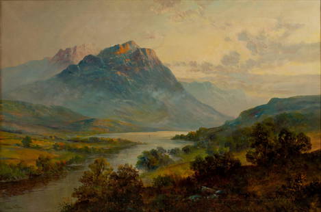 GRAHAM WILLIAMS (SCOTTISH, 1895-1950): Graham WilliamsScottish, 1895-1950End of Day; Glen AffricOil on canvasSigned lower left. Expansive and expert landscape rendering of the Scottish highlands, the tips of mountains catching the bright o