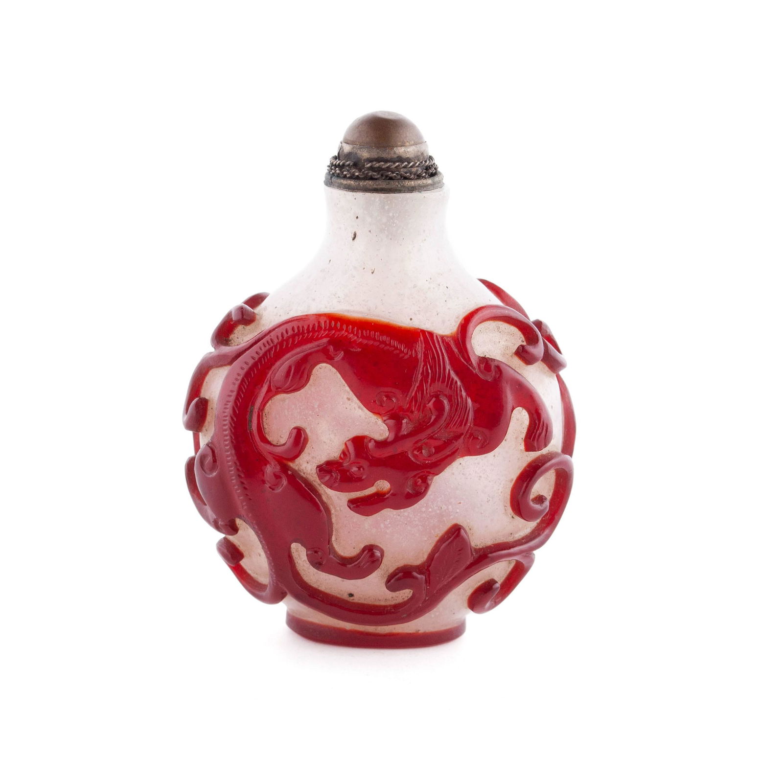 A CRANBERRY OVERLAY CHILONG SNOWSTORM SNUFF BOTTLE (1 of 12)