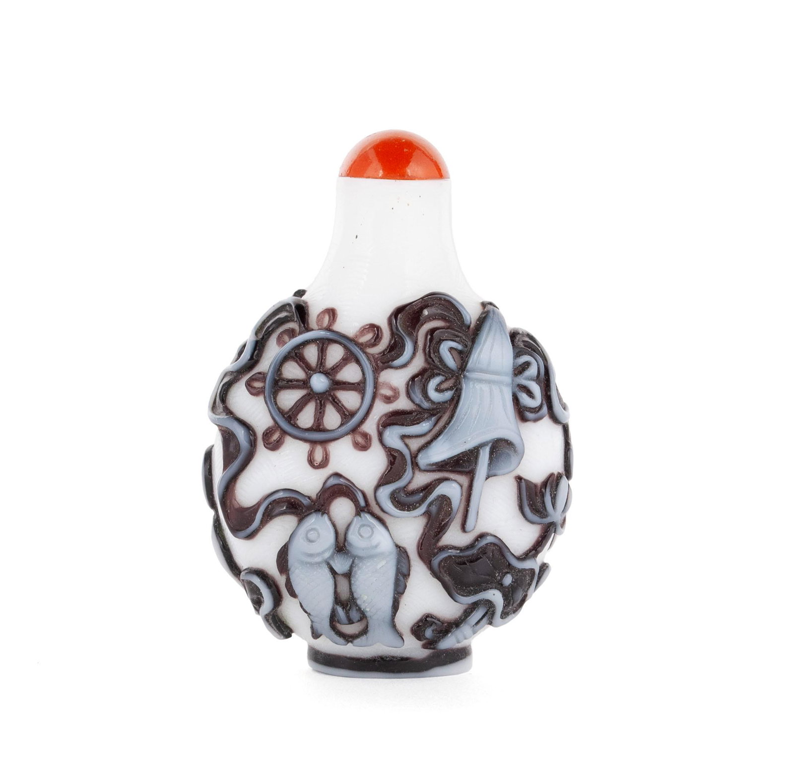 A BAJIXIANG BUDDHIST SYMBOL GLASS SNUFF BOTTLE: A BAJIXIANG BUDDHIST SYMBOL GLASS SNUFF BOTTLE Chinese, 20th century, glass. The opaque bottle with white and purple overlay highlighting the eight (8) auspicious symbols of Buddhism on a wave incised