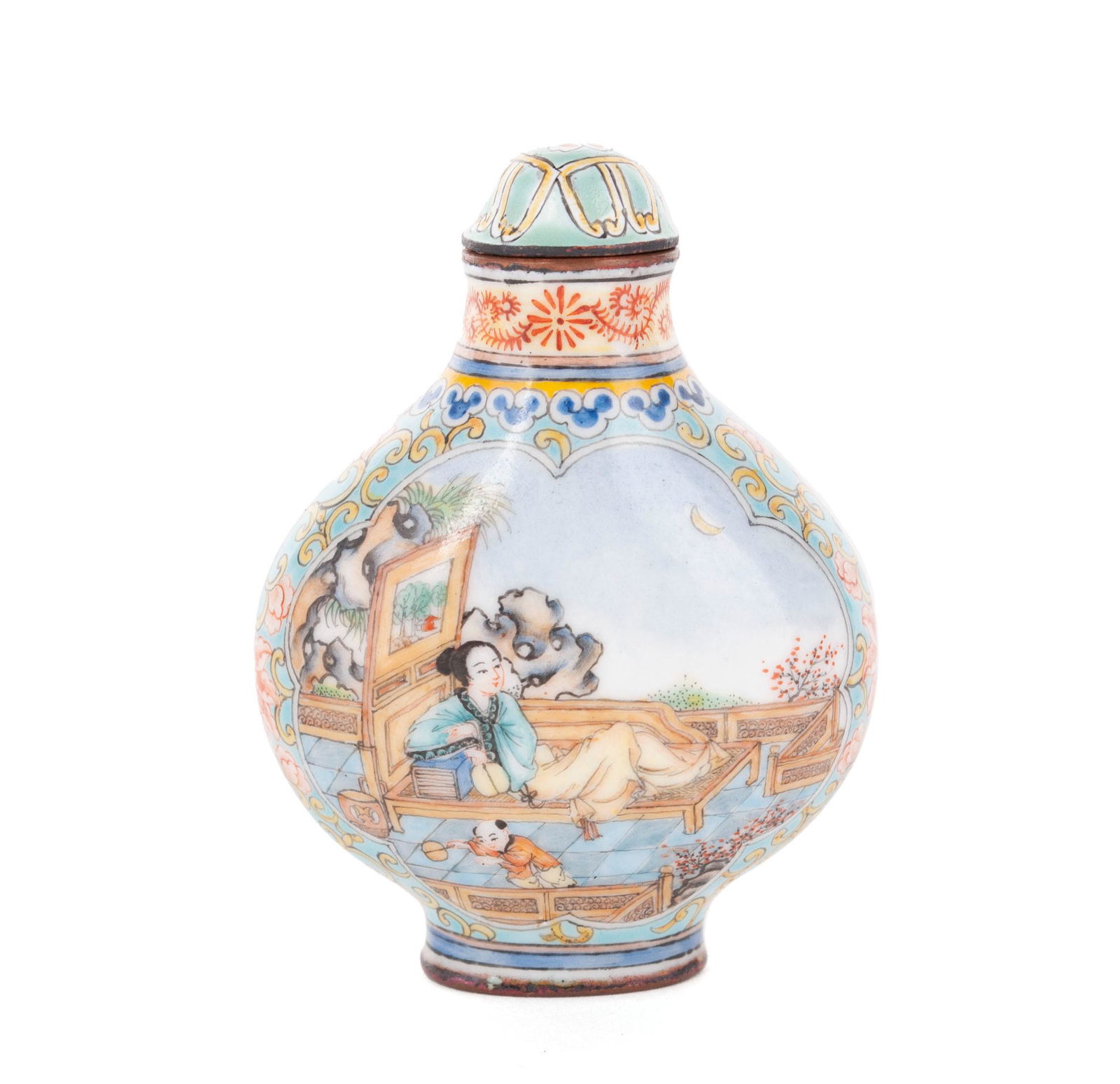 A BEIJING ENAMEL TEAL GROUND QIANLONG MARK SNUFF BOTTLE (1 of 7)