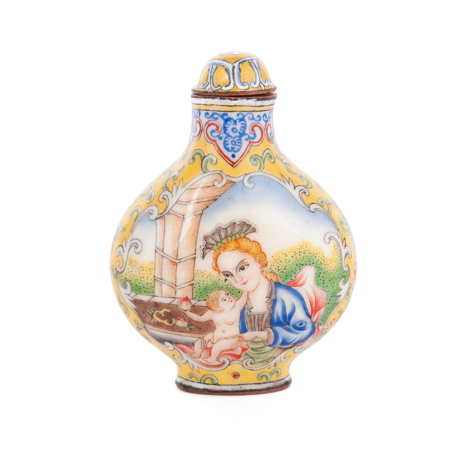 A EUROPEAN SCENE 'BEIJING ENAMEL' ON COPPER WITH QIANLONG MARK SNUFF BOTTLE (1 of 7)