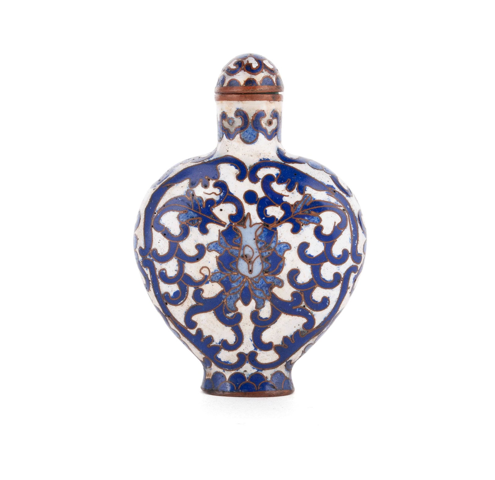 AN ENAMELED BLUE LOTUS SNUFF BOTTLE: AN ENAMELED BLUE LOTUS SNUFF BOTTLE Chinese, 18th/19th century, enamel on copper. The flattened, spade form flask having a white ground with cobalt enameled lotus throughout; the underside with an ins