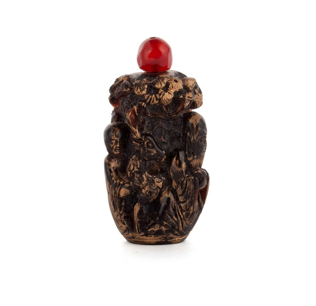 A RARE GOLD ENAMELED FUKUROKUJU AMBER NETSUKE "SNUFF BOTTLE" (1 of 7)