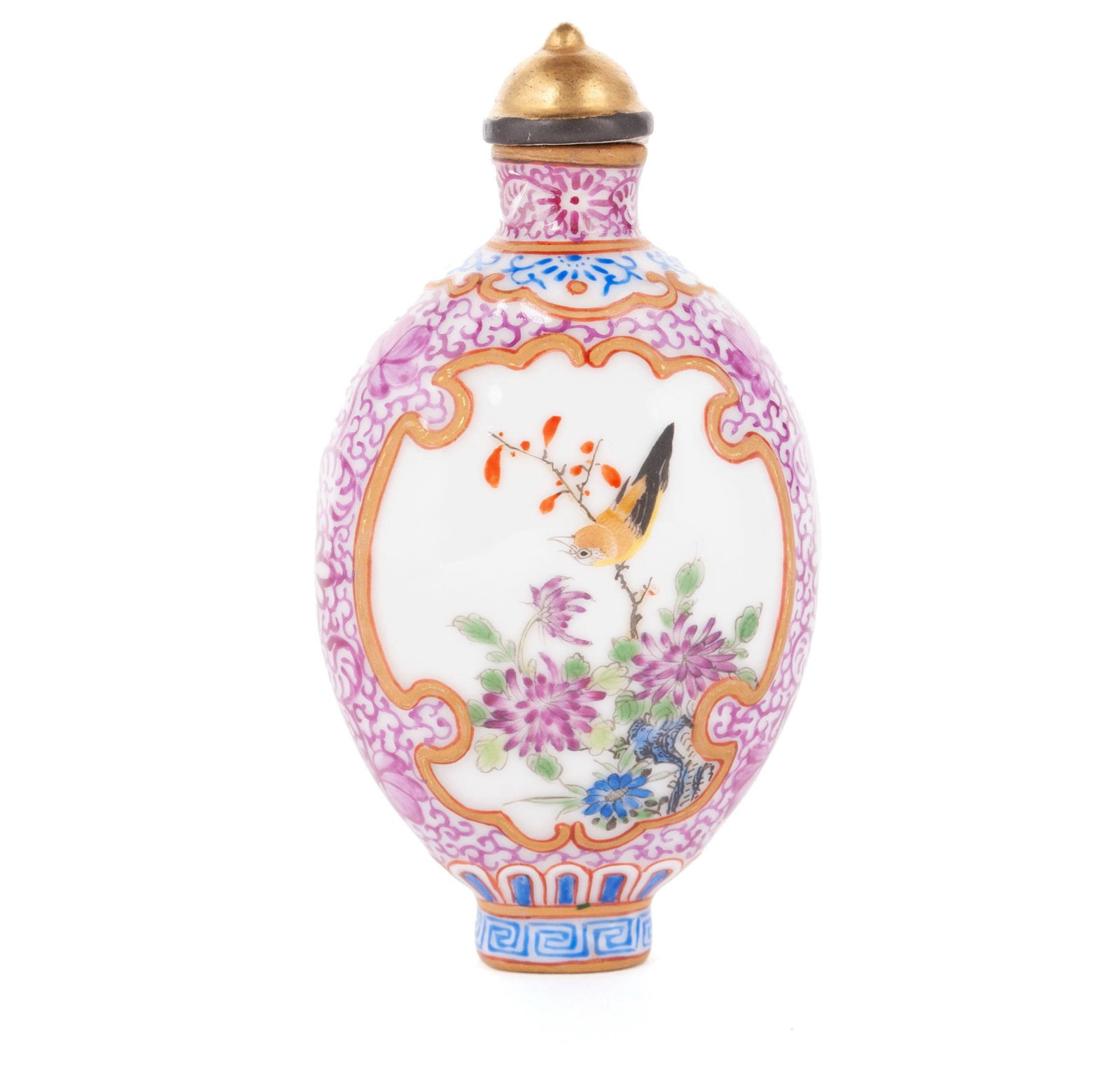 A RELIEF MOULDED CHRYSANTHEMUM AND MAGPIE SNUFF BOTTLE: A RELIEF MOULDED CHRYSANTHEMUM AND MAGPIE SNUFF BOTTLE Chinese, early 20th century, polychrome enameled porcelain. The scrolling puce enameled ground surrounding double-sided, raised cartouche panels 