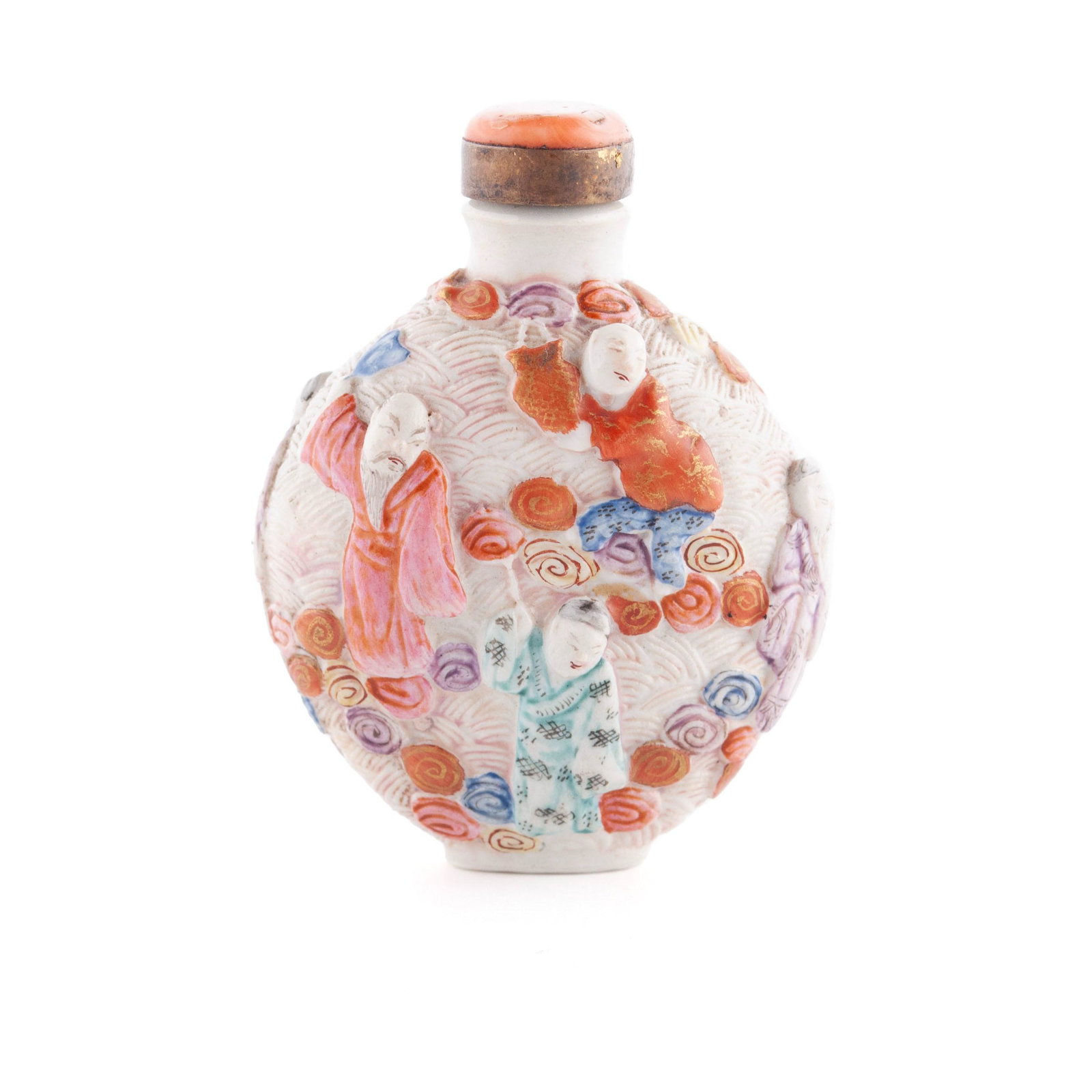 A RELIEF MOULDED EIGHT IMMORTALS SNUFF BOTTLE (1 of 12)