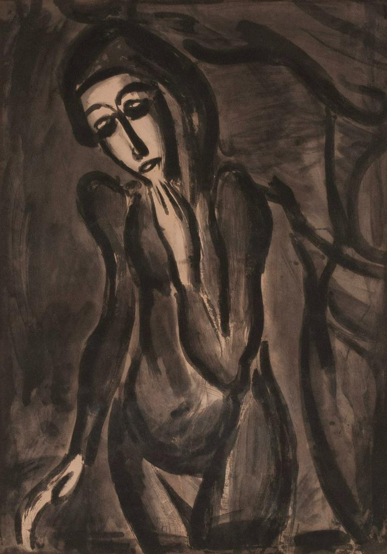 GEORGES ROUAULT (FRENCH, 1871-1958): Georges RouaultFrench, 1871-1958We All Must Die; We and All We Possess from Miserere et GuerreOriginal aquatintPencil inscribed to verso. Dark scene centered on a saturnine female nude. Matted behin