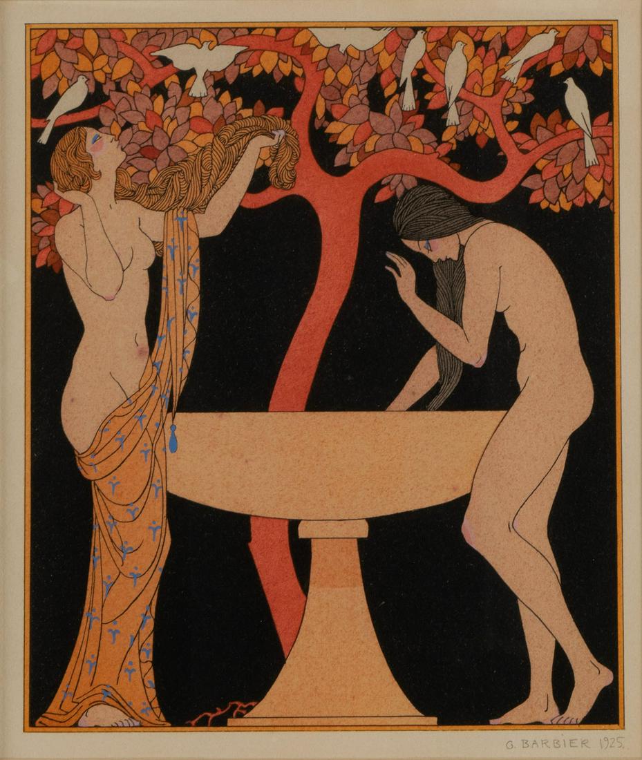 GEORGES BARBIER (FRENCH, 1882-1932): Georges BarbierFrench, 1882-1932Untitled, 1925Pochoir, signed and dated in graphiteTwo nude women washing their hair in a wide fountain, beneath a stylized tree with seven doves. This illustration is