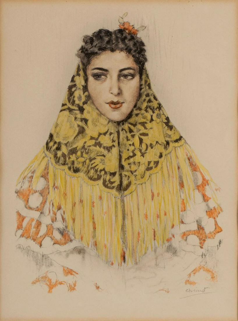 EDOUARD JULES CHIMOT (FRENCH, 1880-1959): Edouard Jules ChimotFrench, 1880-1959Woman with ScarfGraphite, colored pencil on paper, signed lower rightHalf-length portrait of a young woman in eastern European fashion with headscarf, matted behin