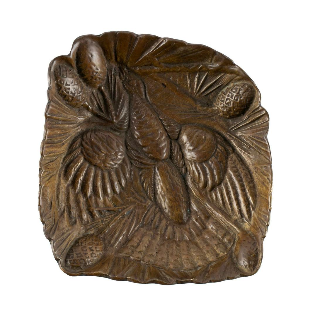 VIRGINIA METALCRAFTERS BRONZE GROUSE DISH: VIRGINIA METALCRAFTERS BRONZE GROUSE DISH American, Virginia Metalcrafters, 1948, bronze. The irregular, molded trinket dish of a grouse with outstretched wings amongst foliage; stamped with a 1948 co