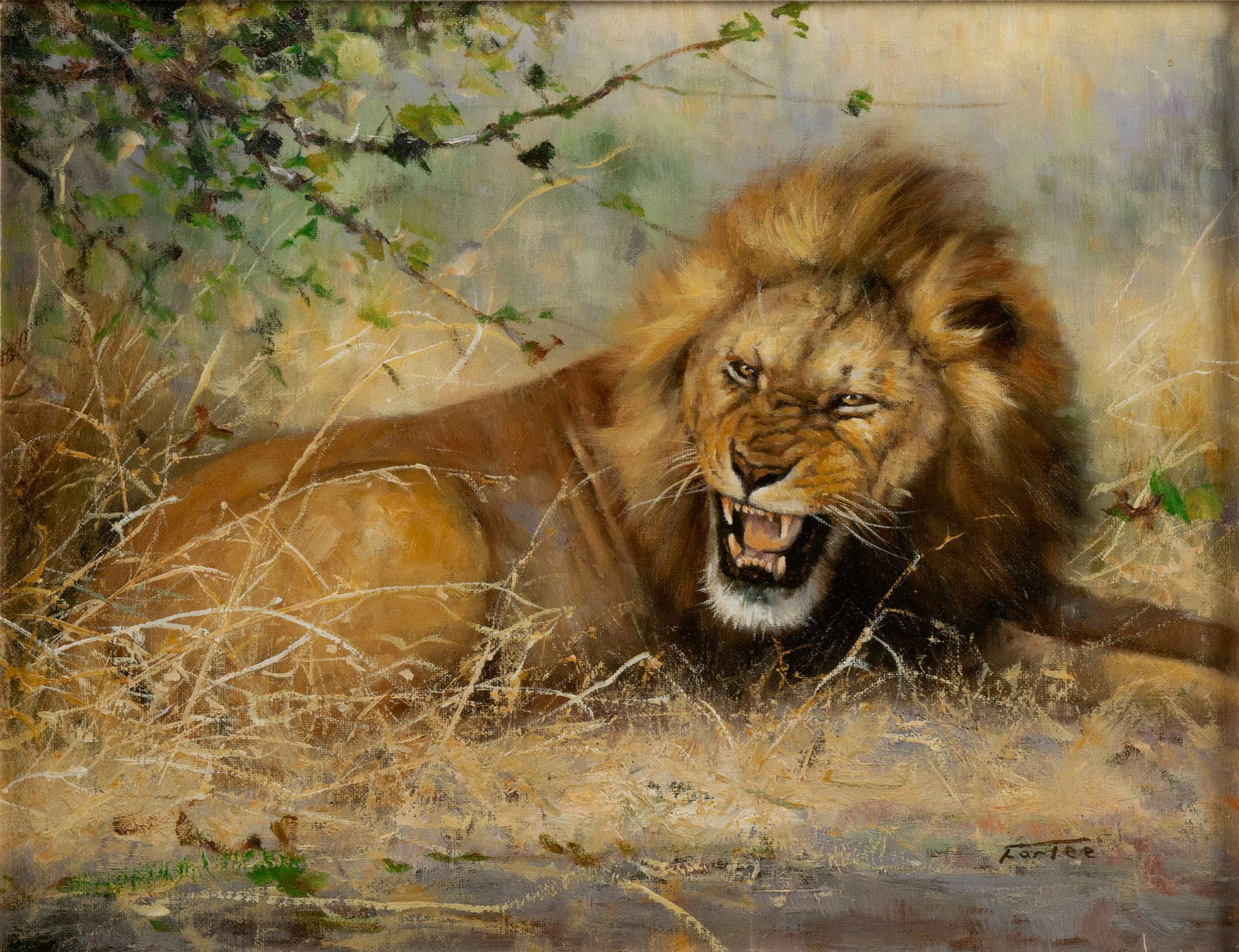 ERIC FORLEE (AMERICAN, B. 1949): Eric ForleeAmerican, b. 1949Warring, 2002Oil on canvas, signed and dated lower rightA lion roars in the grass, gilt frame with linen liner.Stretcher: 11 x 14 in. (27.94 x 35.56 cm.), frame: 16 1/2 x