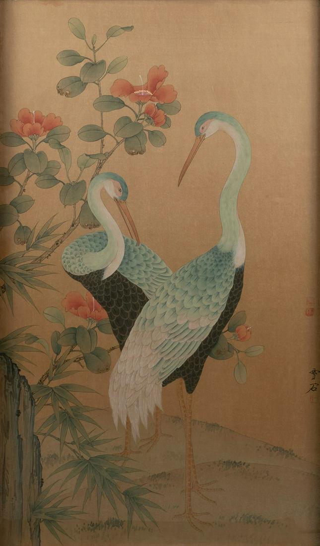 WONG (CHINESE, MID-20TH CENTURY): Wong Chinese, Mid-20th century Cranes and Camellias Tempera on paper, signed with seal stamp along right A pair of elegant and softly rendered cranes poised close together aside flowering branches. Be