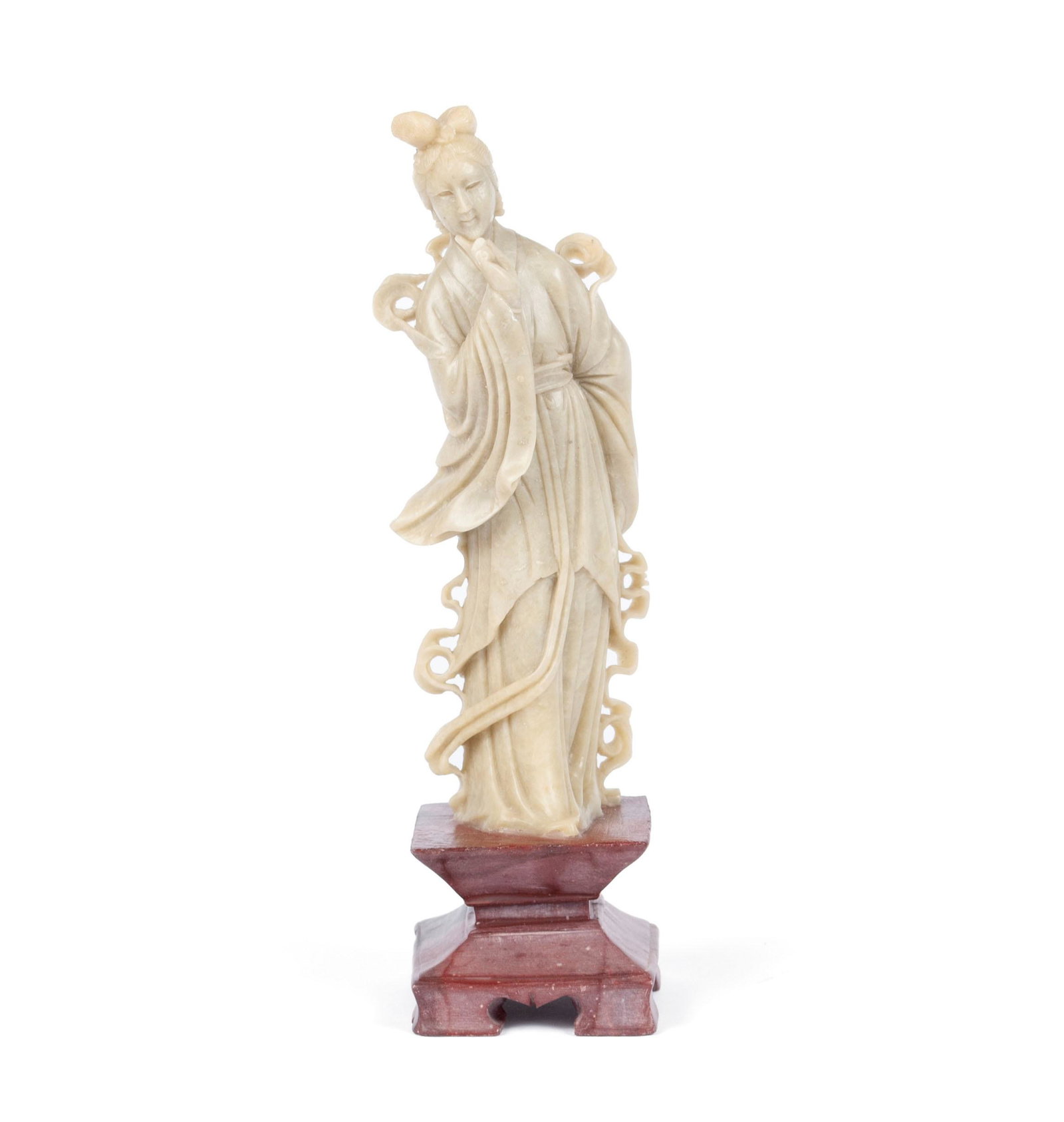 SOAPSTONE FIGURE OF GUANYIN: SOAPSTONE FIGURE OF GUANYIN Chinese, 20th century, soapstone. The standing figure with hand raised to her chin, mounted to a rouge marble base. 10 in. (25.40 cm.)