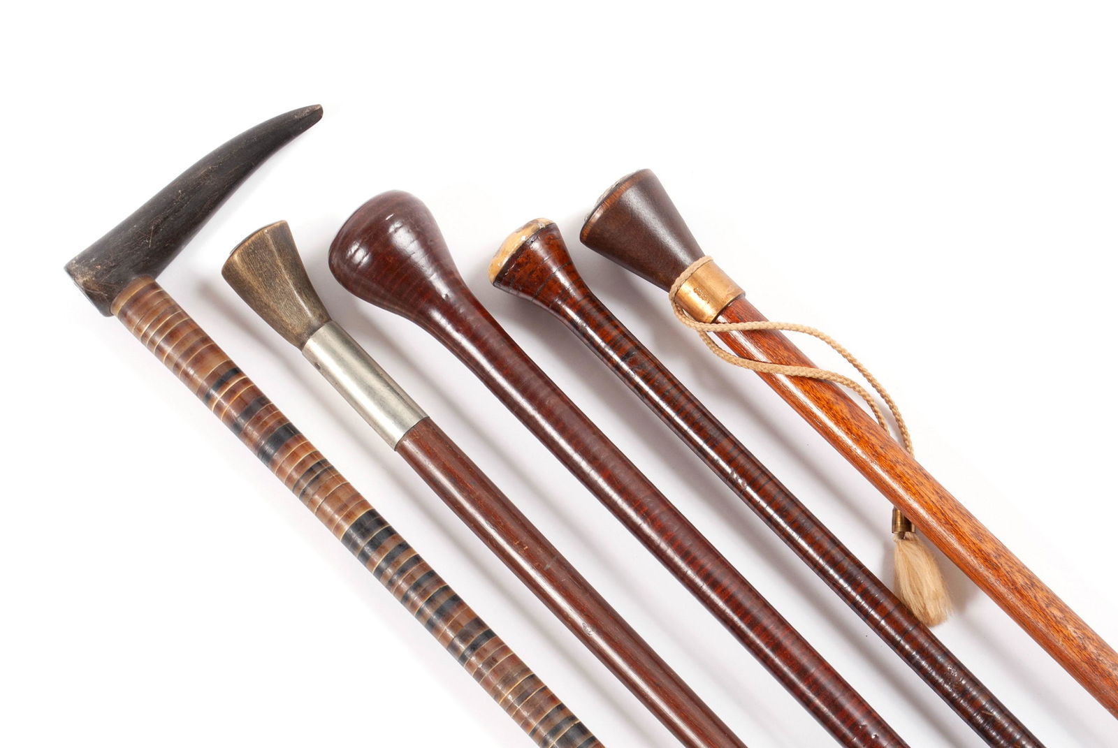 FIVE LEATHER AND WOODEN WALKING STICKS (1 of 8)