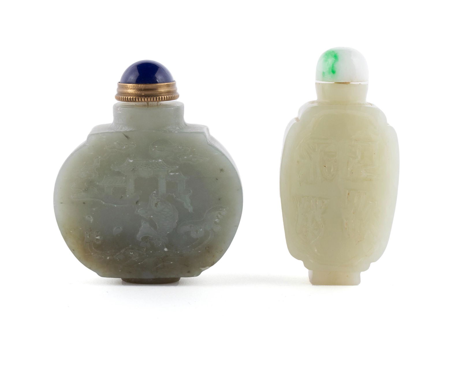 TWO PALE JADE CARVED SNUFF BOTTLES (1 of 6)