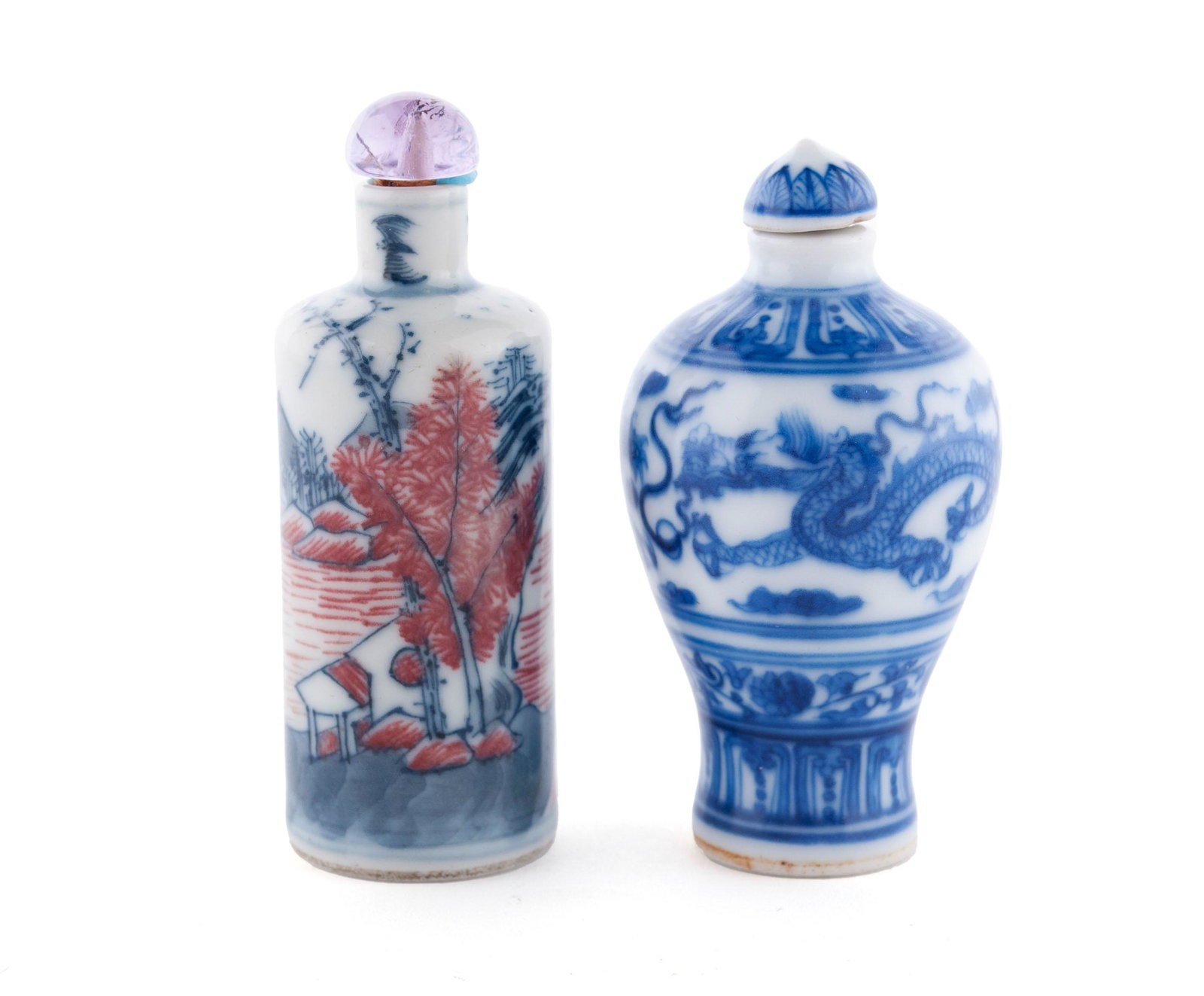 TWO BLUE AND WHITE PORCELAIN SNUFF BOTTLES: TWO BLUE AND WHITE PORCELAIN SNUFF BOTTLES Chinese, 18th- early 20th century, porcelain. The first painted with a landscape in puce and blue, the Zhuanshu mark for Yongzheng, the stopper of lavender q