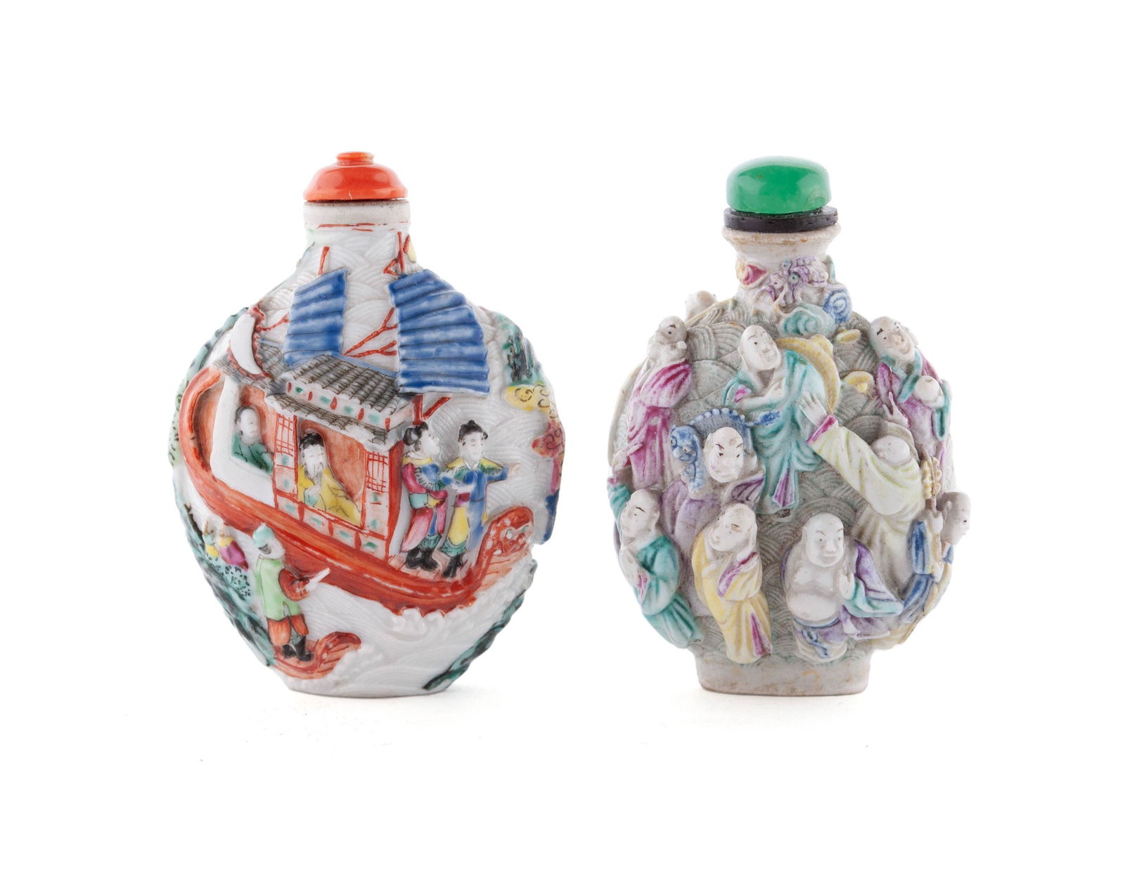 TWO MOLDED RELIEF PORCELAIN SNUFF BOTTLES (1 of 8)