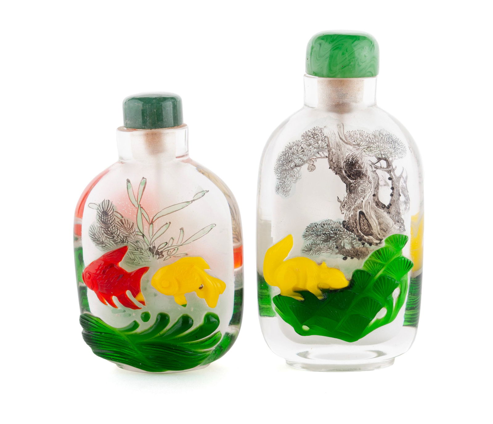 TWO REVERSE-PAINTED AND MULTICOLOR OVERLAY GLASS SNUFF BOTTLES (1 of 8)
