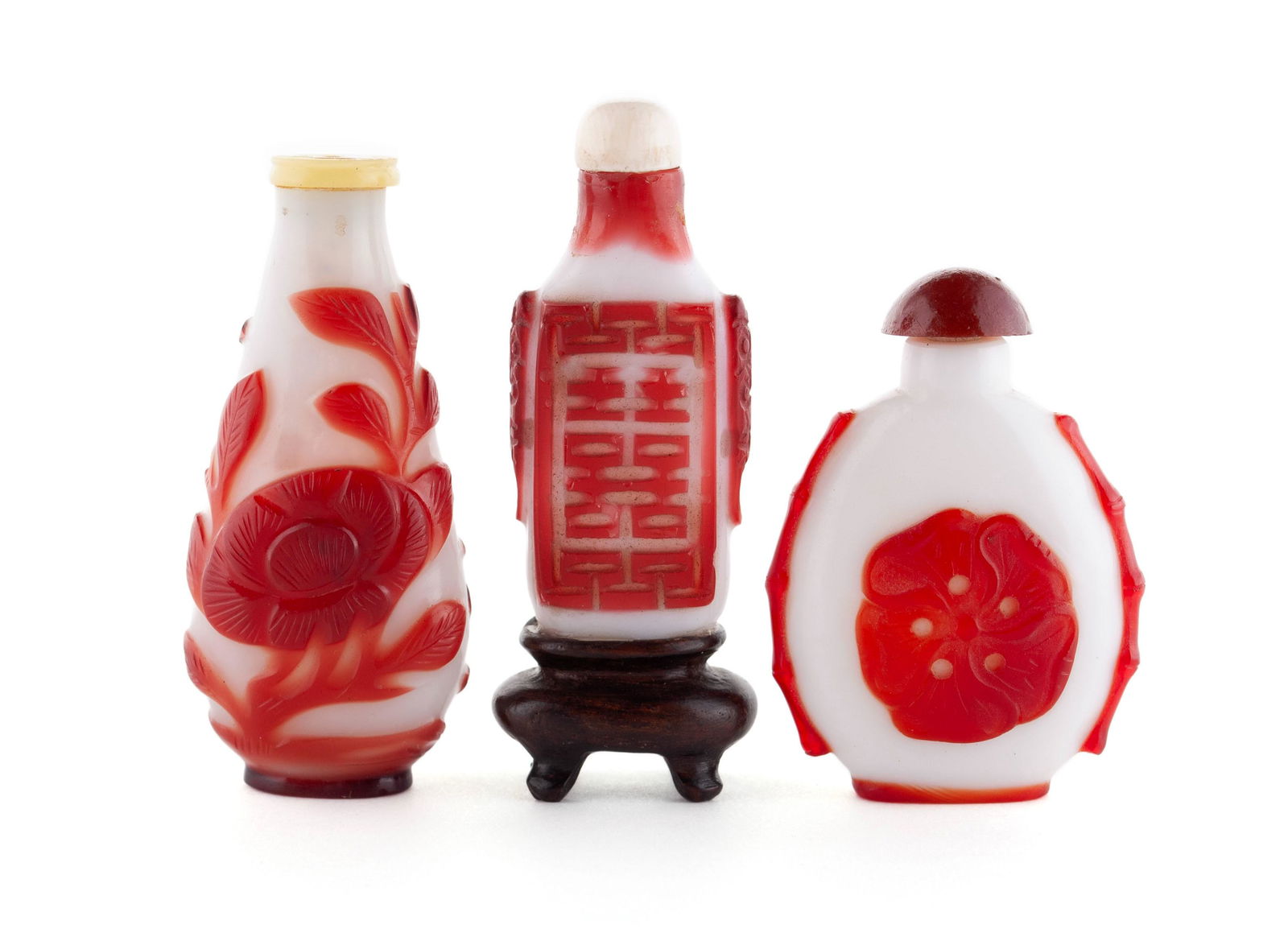 TRIO RED OVERLAY MILK GLASS SNUFF BOTTLES (1 of 6)